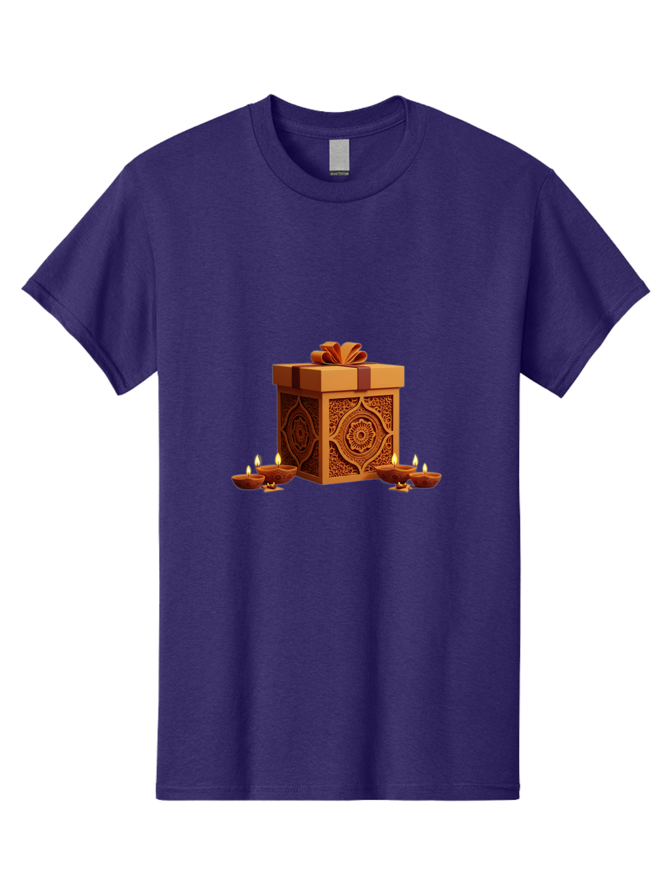 Gift-Box-With-Diyas-1 Men'S Graphic Tee, 100% Cotton, Comfortable Casual Summer Wear, Machine Washable, Gift Box, Diyas, Diwali Decorations, Traditional Indian Lamps, Festive Atmosphere, Golden Gift, Intricate Designs, Celebratory Ambiance, Bad141