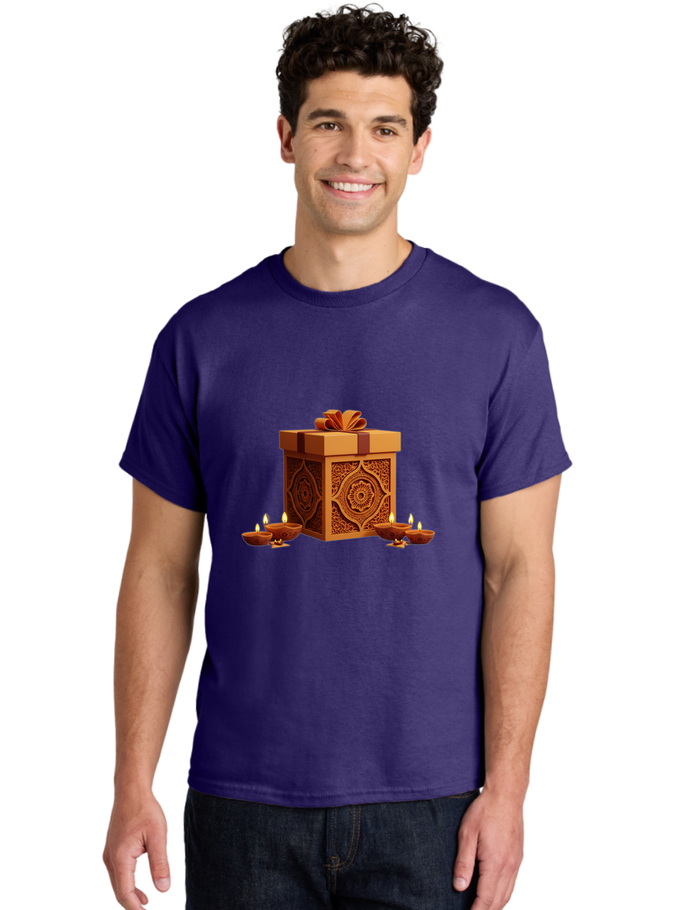 Gift-Box-With-Diyas-1 Men'S Graphic Tee, 100% Cotton, Comfortable Casual Summer Wear, Machine Washable, Gift Box, Diyas, Diwali Decorations, Traditional Indian Lamps, Festive Atmosphere, Golden Gift, Intricate Designs, Celebratory Ambiance, Bad141