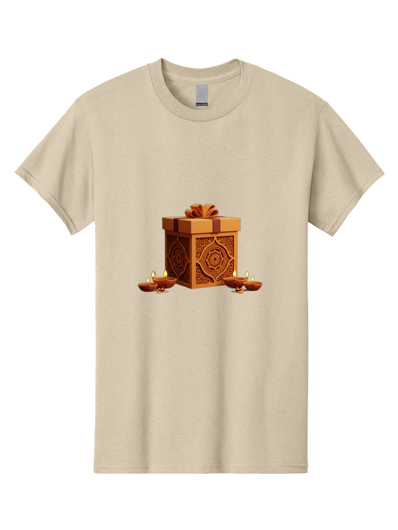 Gift-Box-With-Diyas-1 Men'S Graphic Tee, 100% Cotton, Comfortable Casual Summer Wear, Machine Washable, Gift Box, Diyas, Diwali Decorations, Traditional Indian Lamps, Festive Atmosphere, Golden Gift, Intricate Designs, Celebratory Ambiance, Bad141