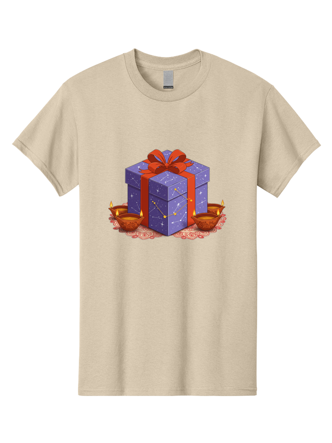 Gift-Box-With-Stars Men'S Graphic Tee, 100% Cotton, Comfortable Casual Summer Wear, Machine Washable, Gift Box With Stars, Constellation Pattern, Diyas With Candles, Festive Celebration, Decorative Elements, Traditional Indian Culture, Bad143
