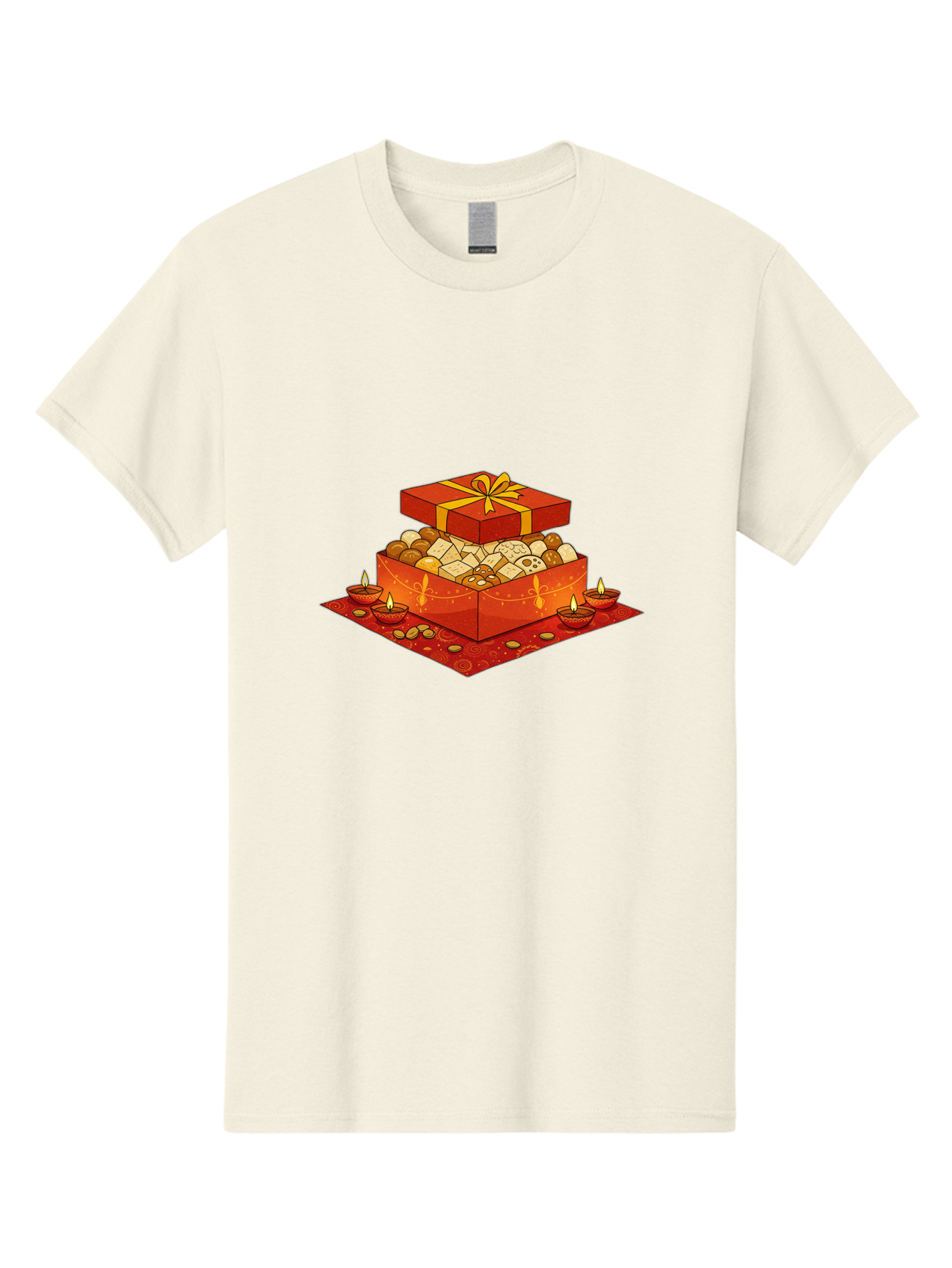 Gift-Box-With-Sweets Men'S Graphic Tee, 100% Cotton, Comfortable Casual Summer Wear, Machine Washable, Gift Box, Diwali Sweets, Traditional Indian Sweets, Mithai, Diwali Celebration, Lit Diyas, Festive Atmosphere, Red Gift Box, Yellow Ribbon Bad144