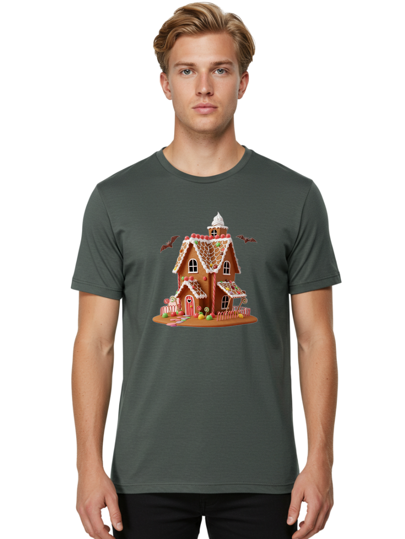 Gingerbread-House Men'S Graphic Tee, 100% Cotton, Comfortable Casual Summer Wear, Machine Washable, Gingerbread House, Holiday Treat, Festive Dessert, Candy Decorations, Icing Details, Red And White Candy, Holiday Sweets, Christmas Cookie, Bad148