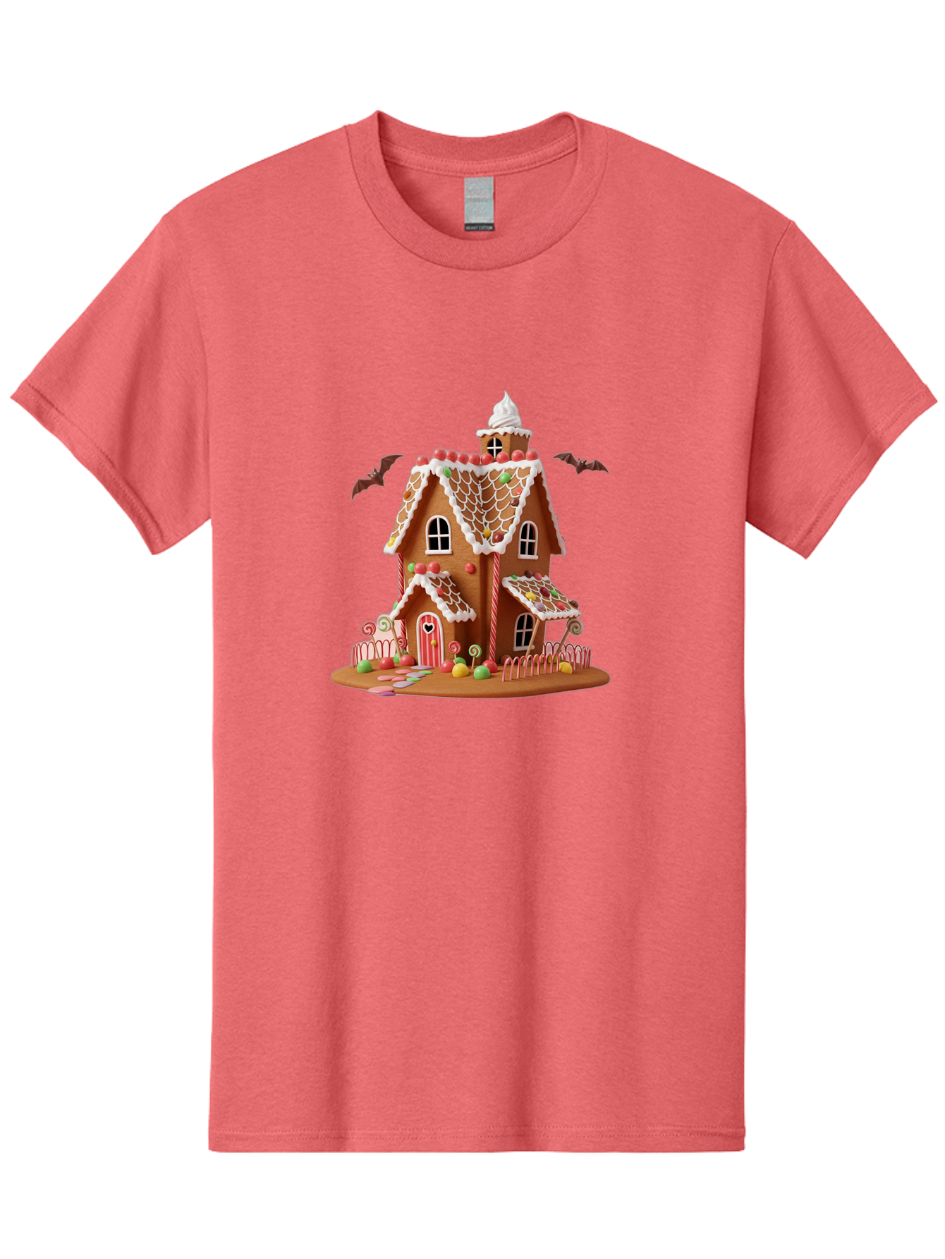 Gingerbread-House Men'S Graphic Tee, 100% Cotton, Comfortable Casual Summer Wear, Machine Washable, Gingerbread House, Holiday Treat, Festive Dessert, Candy Decorations, Icing Details, Red And White Candy, Holiday Sweets, Christmas Cookie, Bad148
