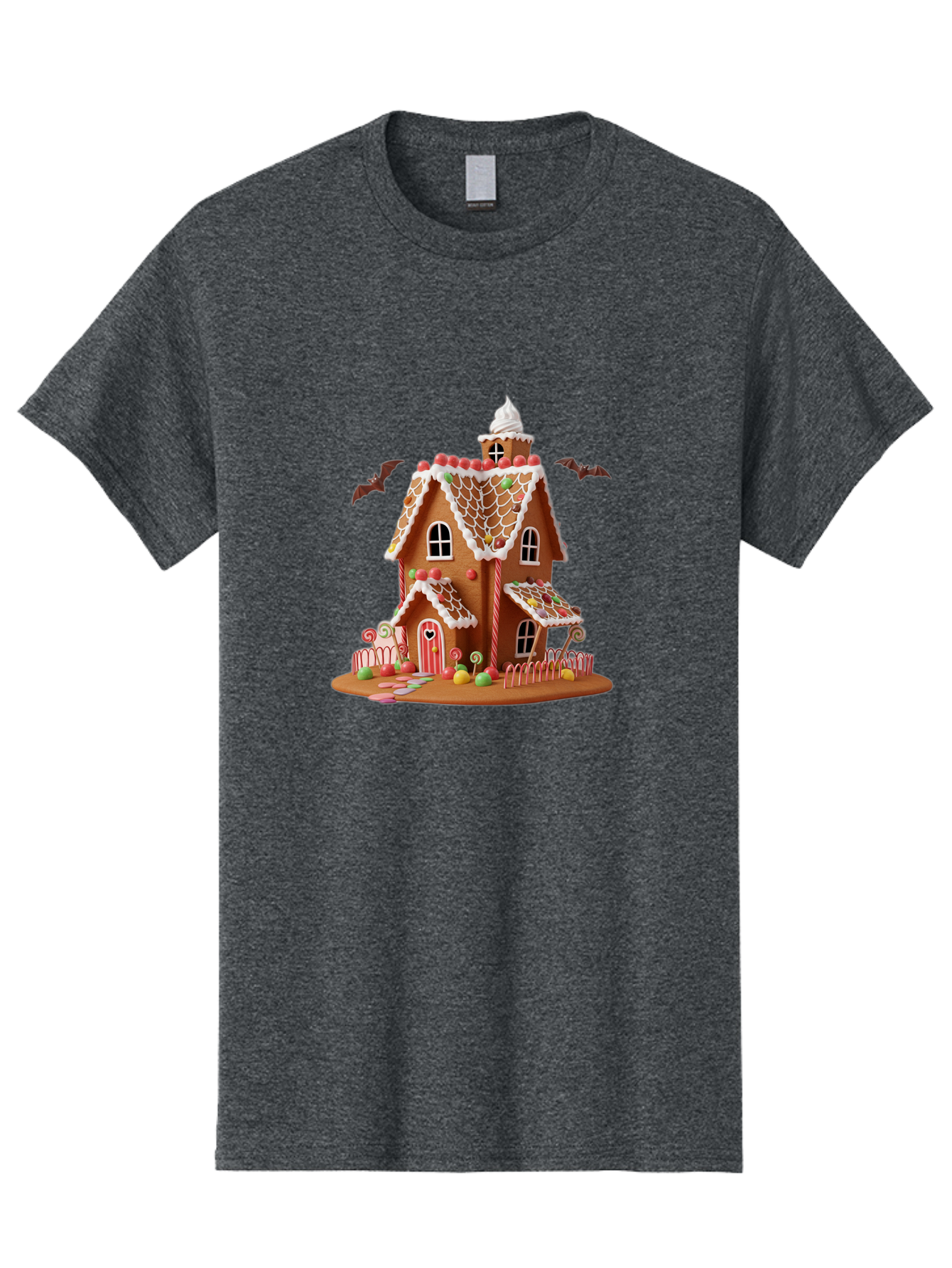 Gingerbread-House Men'S Graphic Tee, 100% Cotton, Comfortable Casual Summer Wear, Machine Washable, Gingerbread House, Holiday Treat, Festive Dessert, Candy Decorations, Icing Details, Red And White Candy, Holiday Sweets, Christmas Cookie, Bad148