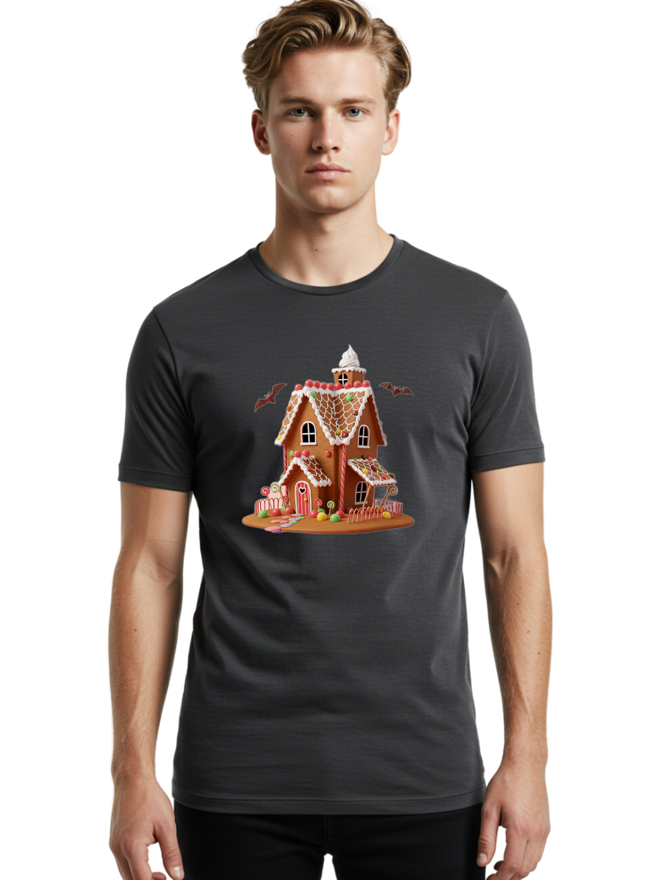 Gingerbread-House Men'S Graphic Tee, 100% Cotton, Comfortable Casual Summer Wear, Machine Washable, Gingerbread House, Holiday Treat, Festive Dessert, Candy Decorations, Icing Details, Red And White Candy, Holiday Sweets, Christmas Cookie, Bad148