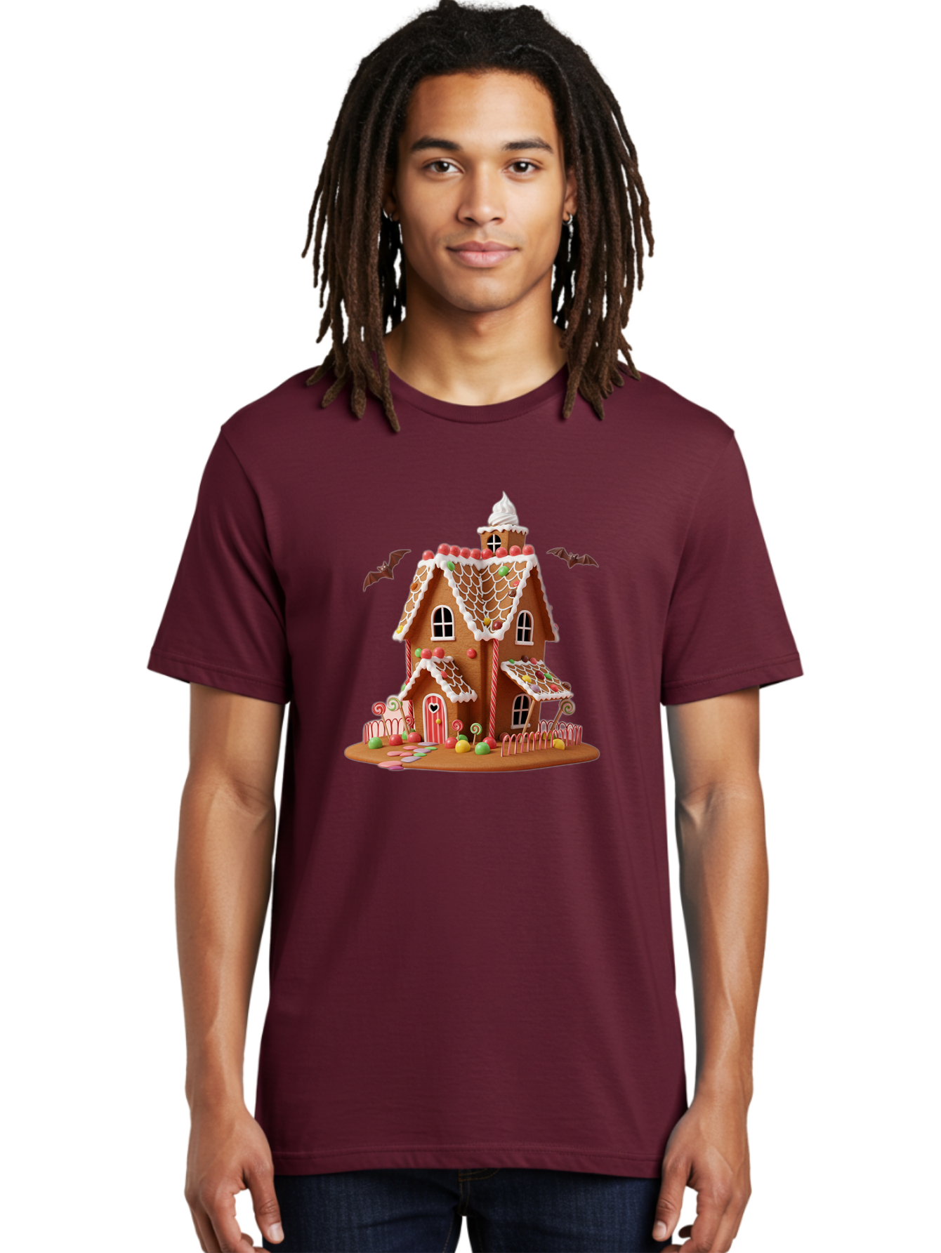 Gingerbread-House Men'S Graphic Tee, 100% Cotton, Comfortable Casual Summer Wear, Machine Washable, Gingerbread House, Holiday Treat, Festive Dessert, Candy Decorations, Icing Details, Red And White Candy, Holiday Sweets, Christmas Cookie, Bad148