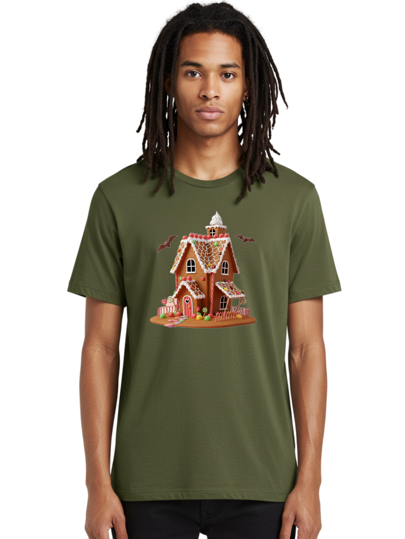 Gingerbread-House Men'S Graphic Tee, 100% Cotton, Comfortable Casual Summer Wear, Machine Washable, Gingerbread House, Holiday Treat, Festive Dessert, Candy Decorations, Icing Details, Red And White Candy, Holiday Sweets, Christmas Cookie, Bad148