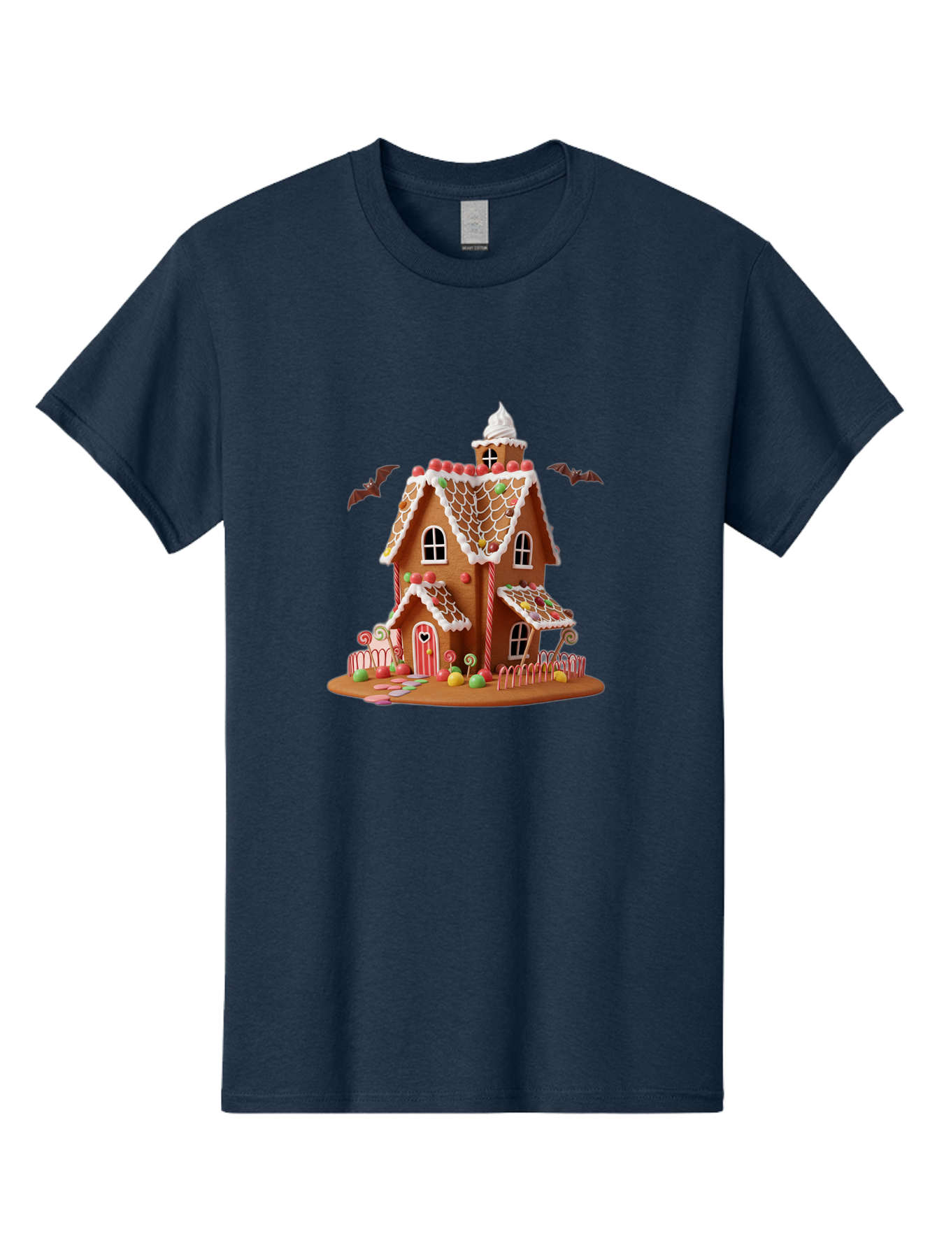 Gingerbread-House Men'S Graphic Tee, 100% Cotton, Comfortable Casual Summer Wear, Machine Washable, Gingerbread House, Holiday Treat, Festive Dessert, Candy Decorations, Icing Details, Red And White Candy, Holiday Sweets, Christmas Cookie, Bad148