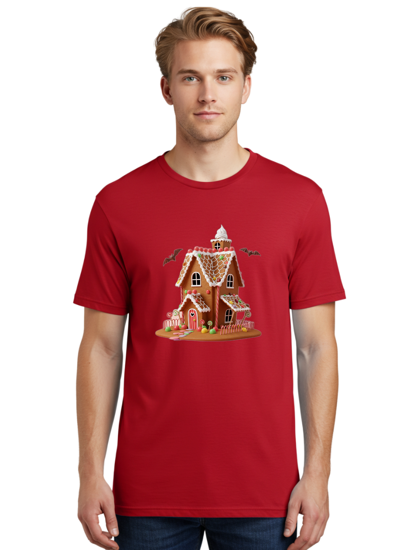 Gingerbread-House Men'S Graphic Tee, 100% Cotton, Comfortable Casual Summer Wear, Machine Washable, Gingerbread House, Holiday Treat, Festive Dessert, Candy Decorations, Icing Details, Red And White Candy, Holiday Sweets, Christmas Cookie, Bad148