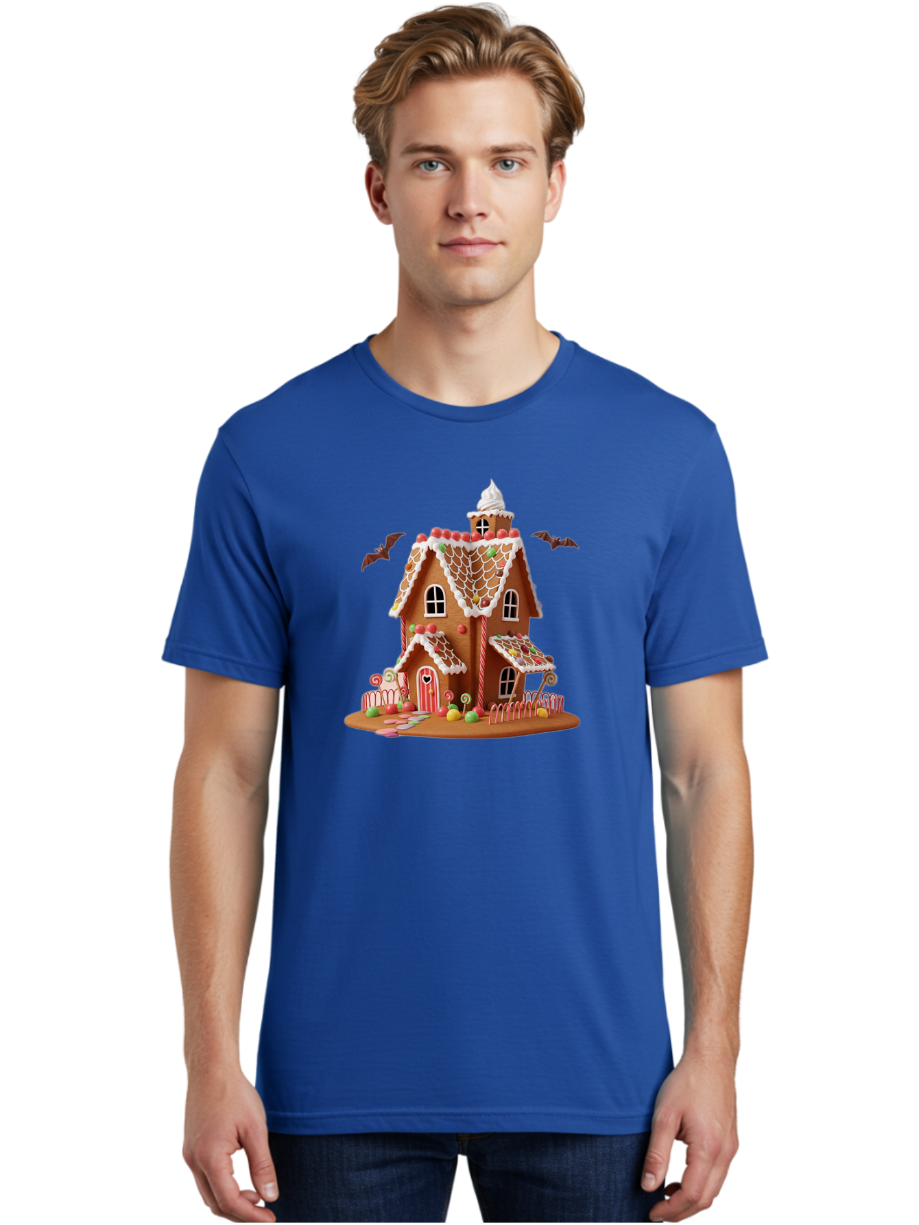 Gingerbread-House Men'S Graphic Tee, 100% Cotton, Comfortable Casual Summer Wear, Machine Washable, Gingerbread House, Holiday Treat, Festive Dessert, Candy Decorations, Icing Details, Red And White Candy, Holiday Sweets, Christmas Cookie, Bad148