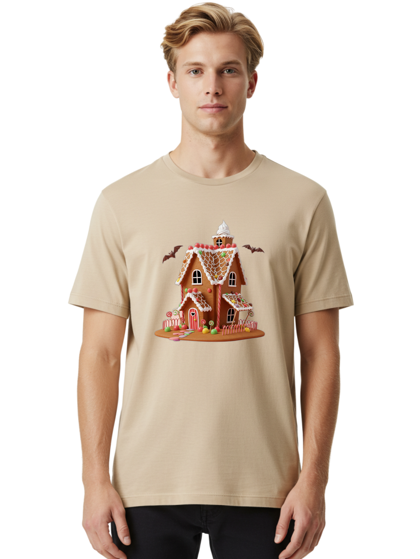 Gingerbread-House Men'S Graphic Tee, 100% Cotton, Comfortable Casual Summer Wear, Machine Washable, Gingerbread House, Holiday Treat, Festive Dessert, Candy Decorations, Icing Details, Red And White Candy, Holiday Sweets, Christmas Cookie, Bad148