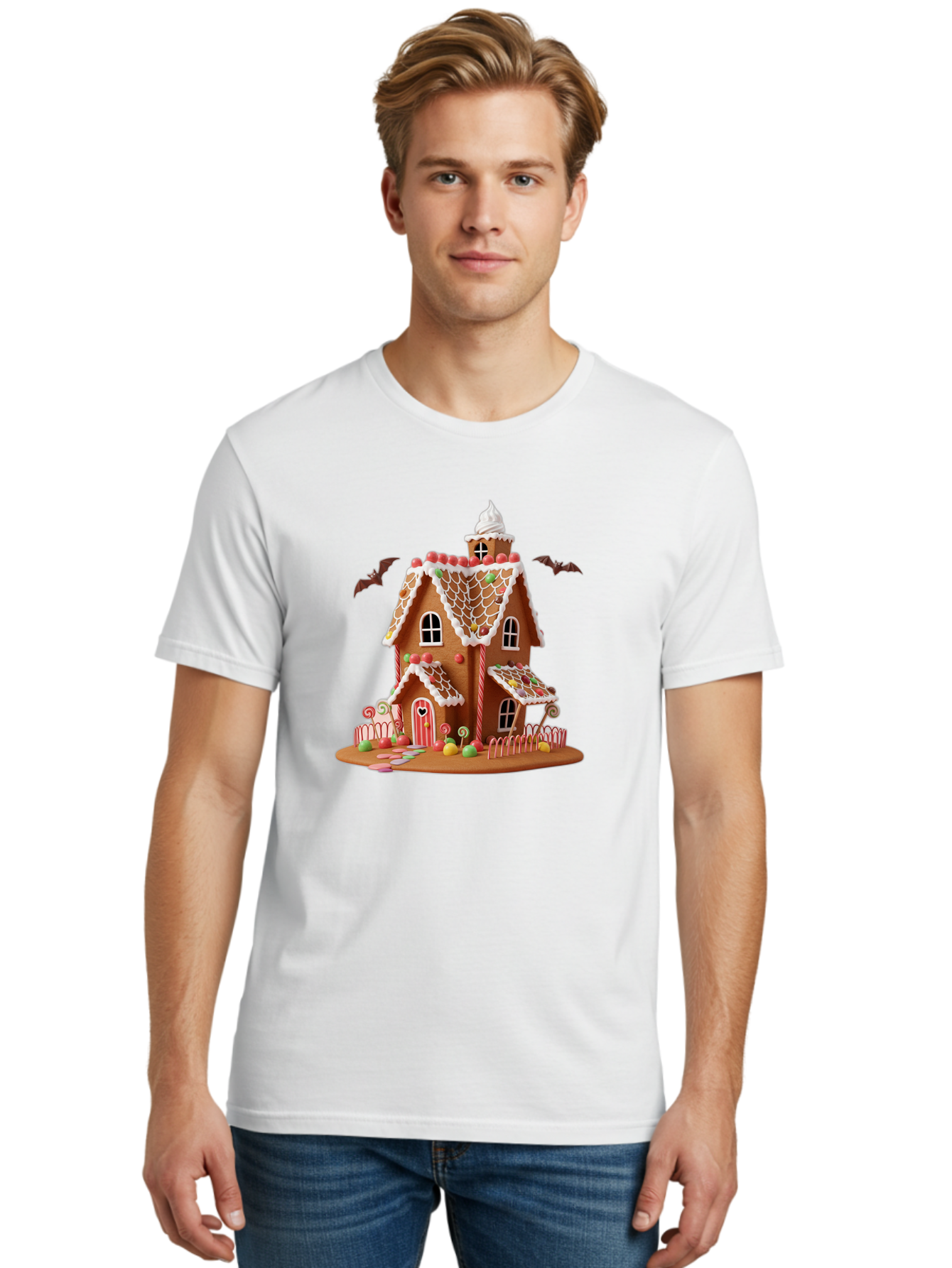 Gingerbread-House Men'S Graphic Tee, 100% Cotton, Comfortable Casual Summer Wear, Machine Washable, Gingerbread House, Holiday Treat, Festive Dessert, Candy Decorations, Icing Details, Red And White Candy, Holiday Sweets, Christmas Cookie, Bad148