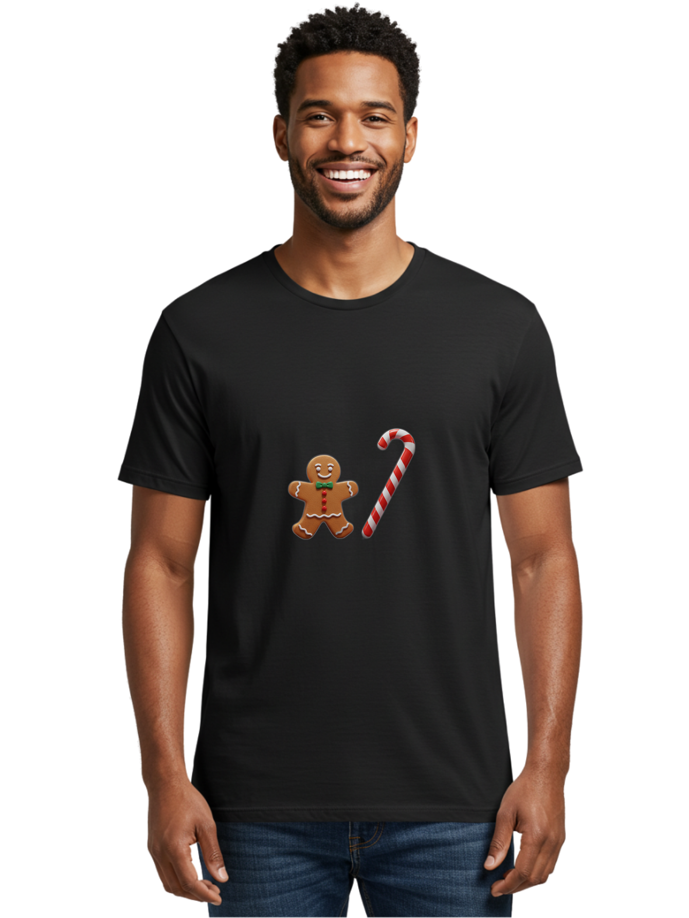 Gingerbread-Man-Candy-Cane Men'S Graphic Tee, 100% Cotton, Comfortable Casual Summer Wear, Machine Washable, Gingerbread Man, Candy Cane, Holiday Treats, Festive Sweets, Christmas Cookie, Red And White, Sweet Delights, Festive Decorations, Bad149