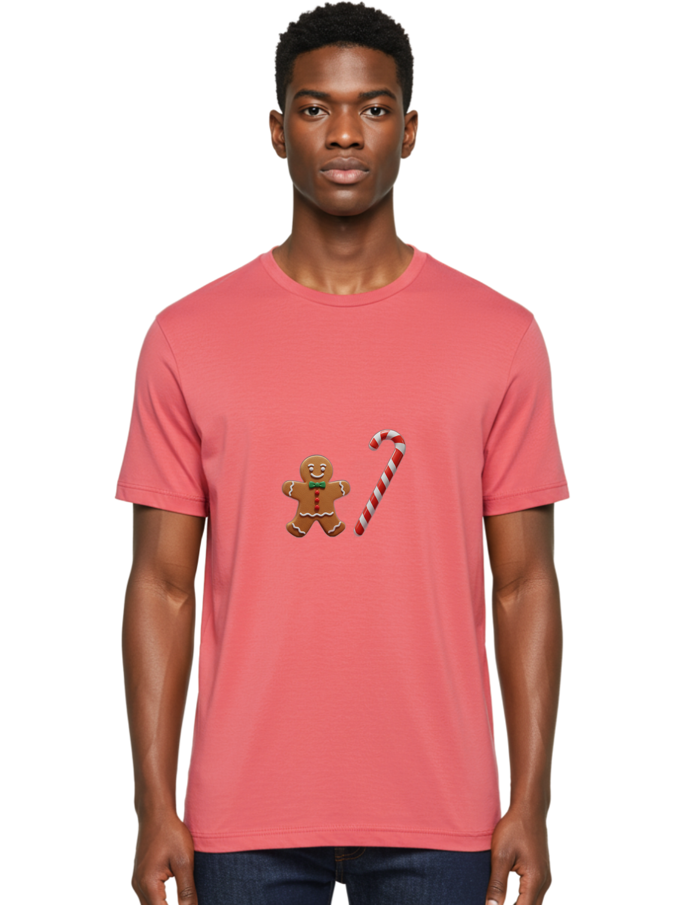 Gingerbread-Man-Candy-Cane Men'S Graphic Tee, 100% Cotton, Comfortable Casual Summer Wear, Machine Washable, Gingerbread Man, Candy Cane, Holiday Treats, Festive Sweets, Christmas Cookie, Red And White, Sweet Delights, Festive Decorations, Bad149