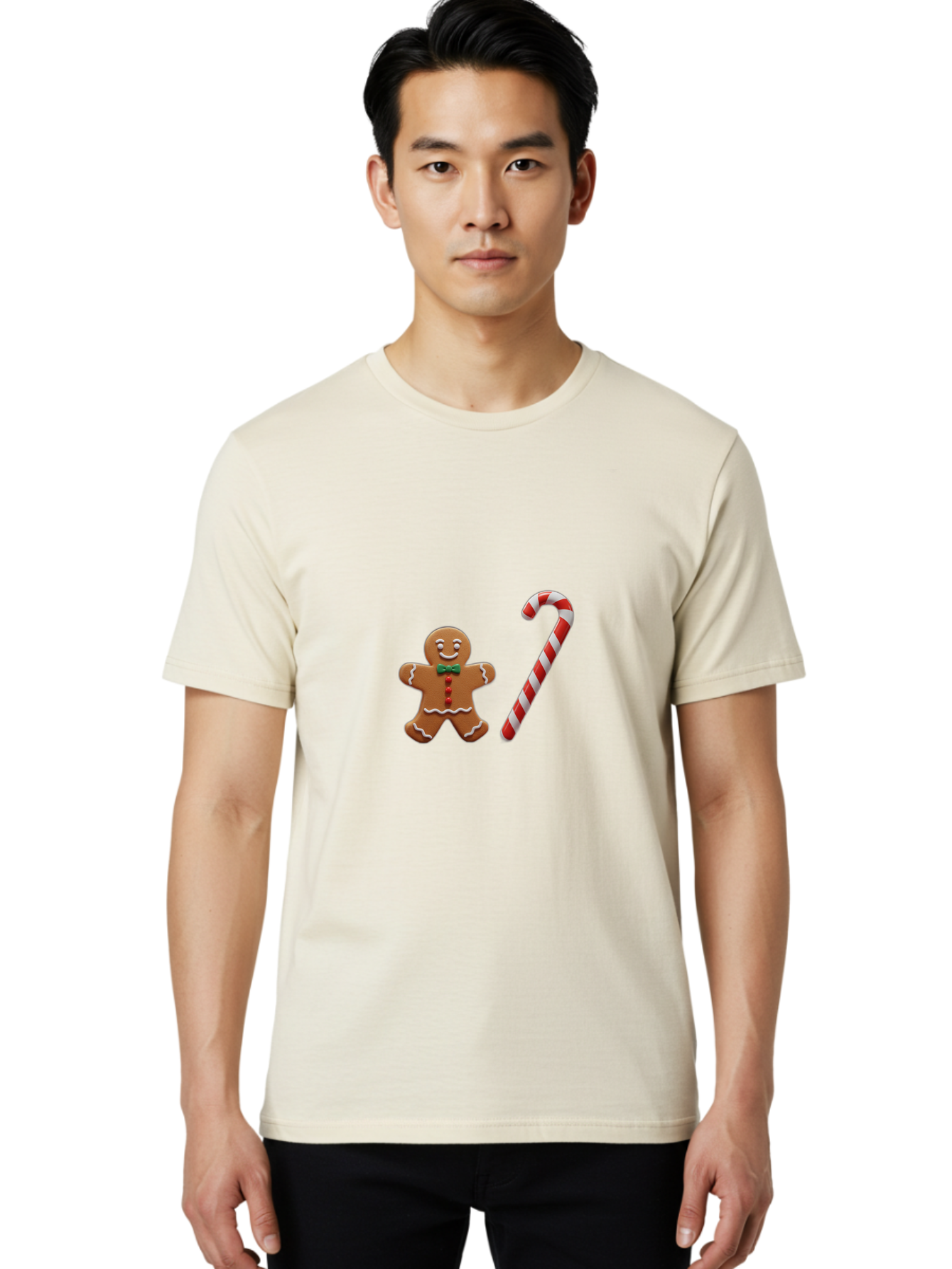 Gingerbread-Man-Candy-Cane Men'S Graphic Tee, 100% Cotton, Comfortable Casual Summer Wear, Machine Washable, Gingerbread Man, Candy Cane, Holiday Treats, Festive Sweets, Christmas Cookie, Red And White, Sweet Delights, Festive Decorations, Bad149