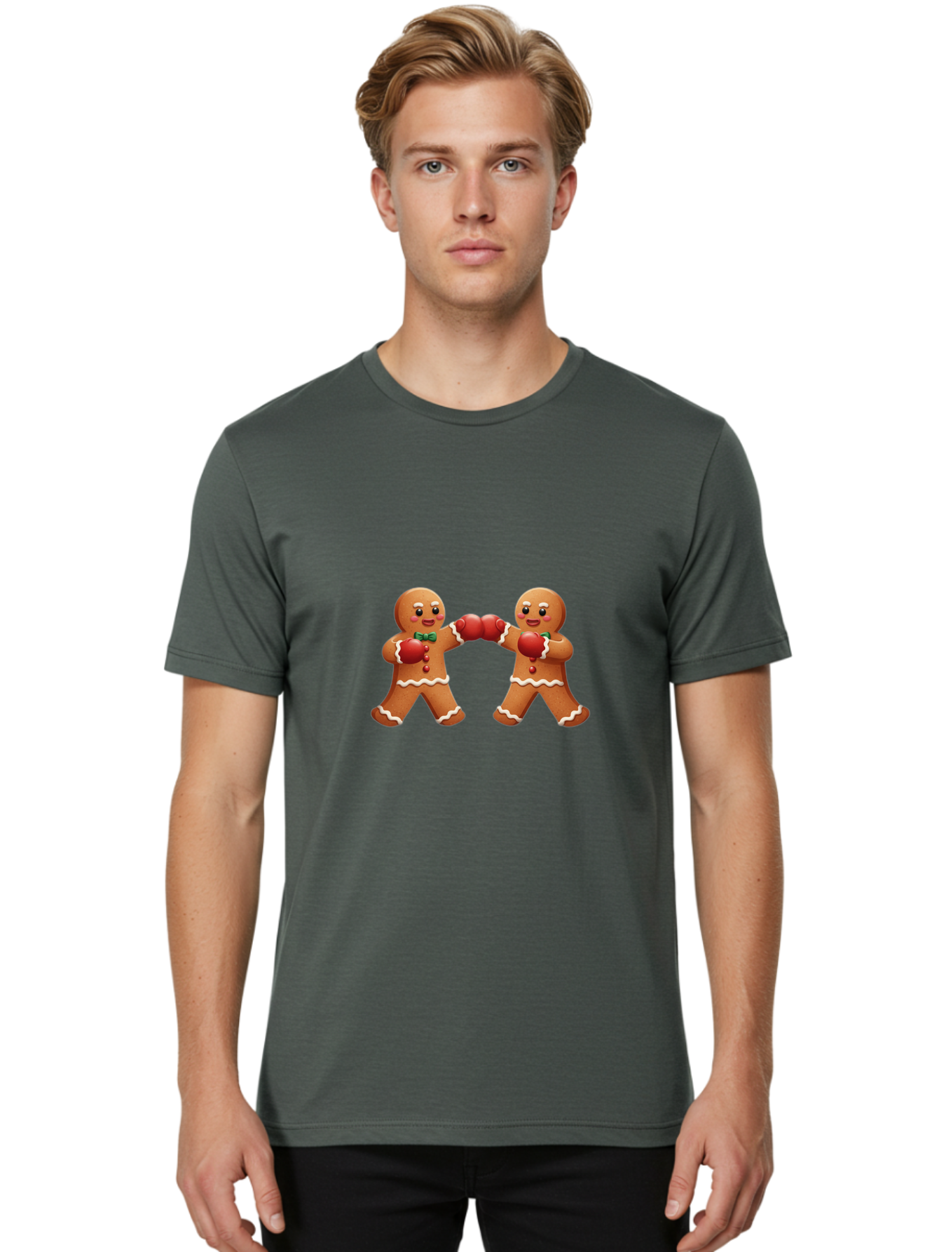 Gingerbread-Men-Boxing Men'S Graphic Tee, 100% Cotton, Comfortable Casual Summer Wear, Machine Washable, Gingerbread Man, Festive Characters, Holiday Treats, Boxing Gloves, Fighting Pose, Christmas Sweets, Baked Goods, Sweet Illustrations, Bad150