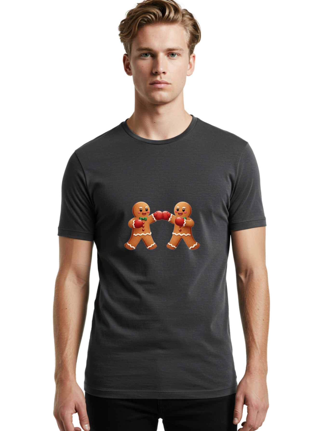 Gingerbread-Men-Boxing Men'S Graphic Tee, 100% Cotton, Comfortable Casual Summer Wear, Machine Washable, Gingerbread Man, Festive Characters, Holiday Treats, Boxing Gloves, Fighting Pose, Christmas Sweets, Baked Goods, Sweet Illustrations, Bad150