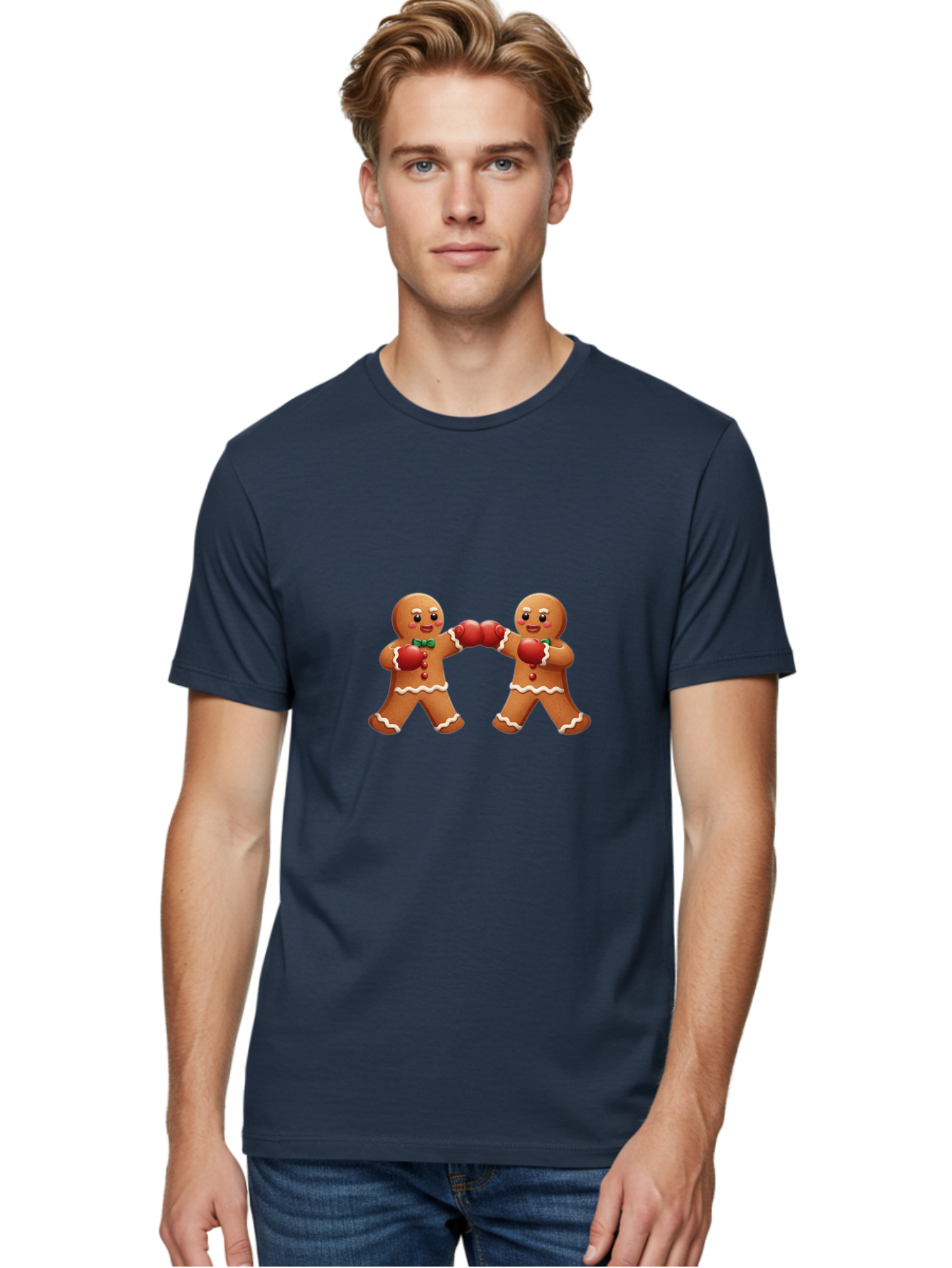 Gingerbread-Men-Boxing Men'S Graphic Tee, 100% Cotton, Comfortable Casual Summer Wear, Machine Washable, Gingerbread Man, Festive Characters, Holiday Treats, Boxing Gloves, Fighting Pose, Christmas Sweets, Baked Goods, Sweet Illustrations, Bad150