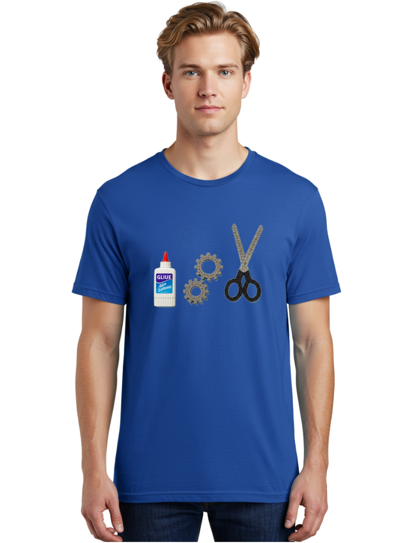Gliue Men'S Graphic Tee, 100% Cotton, Comfortable Casual Summer Wear, Machine Washable, Bottle Of Glue, Scissors With Ruler Blades, Cogs, Crafting Supplies, Diy Project, Office Stationery, Repair Tools, Mechanical Parts, Art Project, Bad151