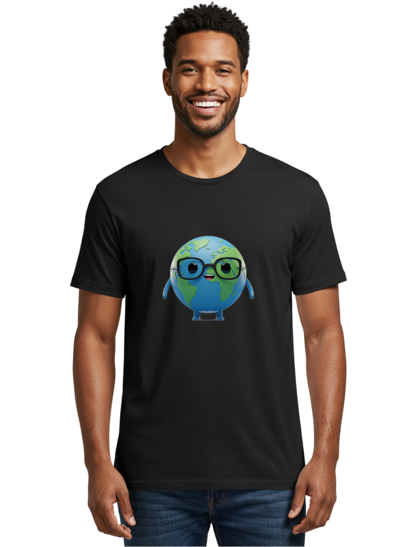 Globe-With-Glasses Men'S Graphic Tee, 100% Cotton, Comfortable Casual Summer Wear, Machine Washable, Cartoon Globe, 3D World Map, Nerdy Planet, Glasses-Wearing Earth, Anthropomorphic Globe, Cute Character Design, Fun Illustration, Bad152