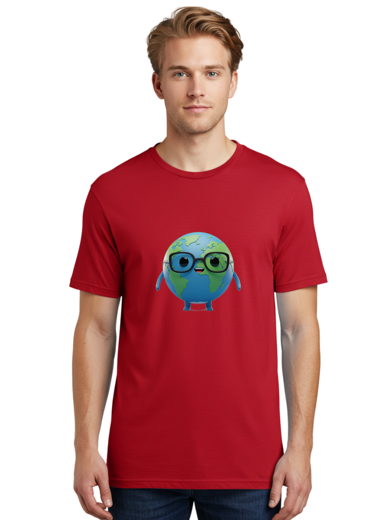Globe-With-Glasses Men'S Graphic Tee, 100% Cotton, Comfortable Casual Summer Wear, Machine Washable, Cartoon Globe, 3D World Map, Nerdy Planet, Glasses-Wearing Earth, Anthropomorphic Globe, Cute Character Design, Fun Illustration, Bad152