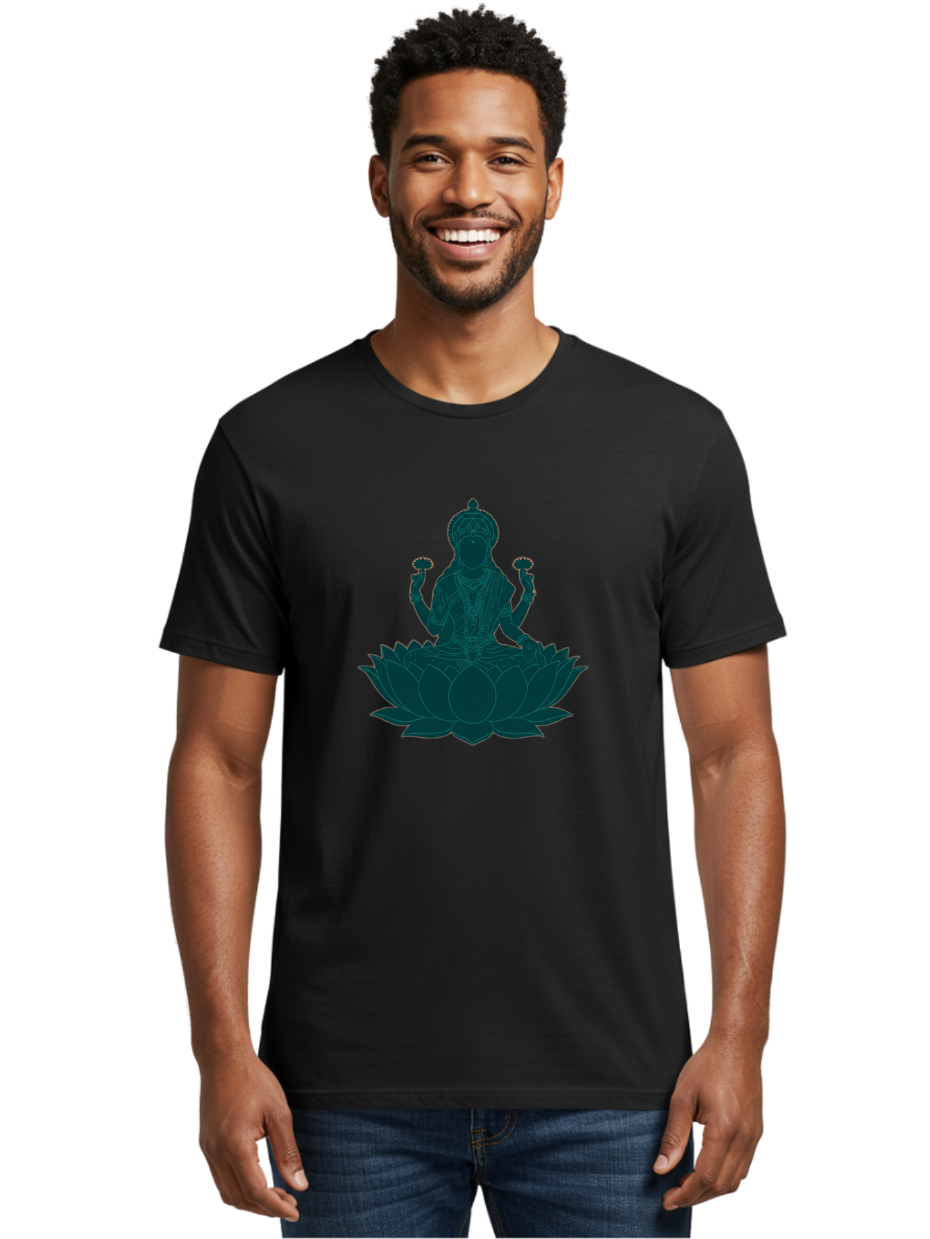 Goddess-Lakshmi Men'S Graphic Tee, 100% Cotton, Comfortable Casual Summer Wear, Machine Washable, Goddess Lakshmi, Lotus Flower, Spiritual Symbolism, Hindu Mythology, Sacred Geometry, Peaceful Pose, Sacred Lotus, Divine Energy, Prosperity, Bad154