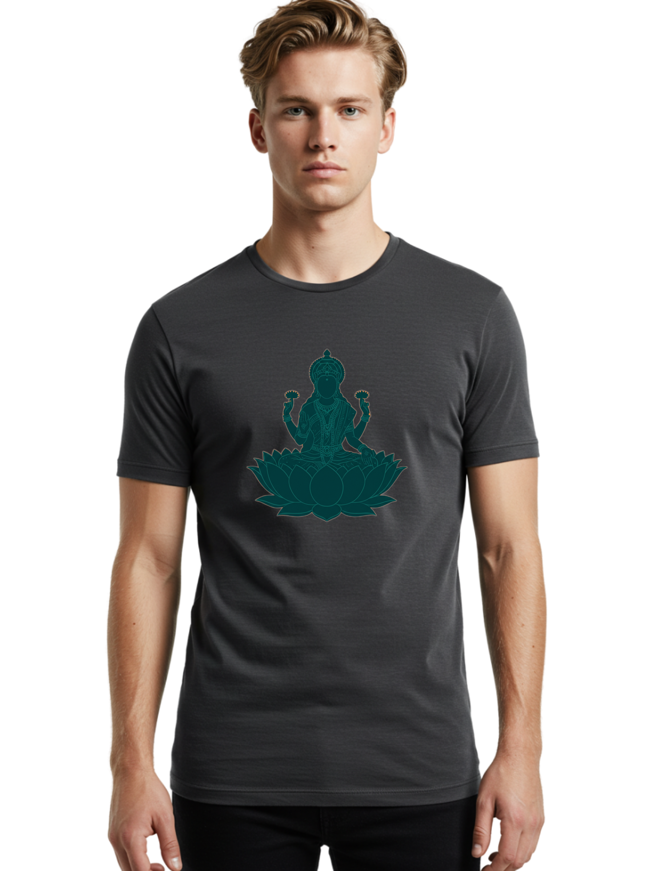 Goddess-Lakshmi Men'S Graphic Tee, 100% Cotton, Comfortable Casual Summer Wear, Machine Washable, Goddess Lakshmi, Lotus Flower, Spiritual Symbolism, Hindu Mythology, Sacred Geometry, Peaceful Pose, Sacred Lotus, Divine Energy, Prosperity, Bad154