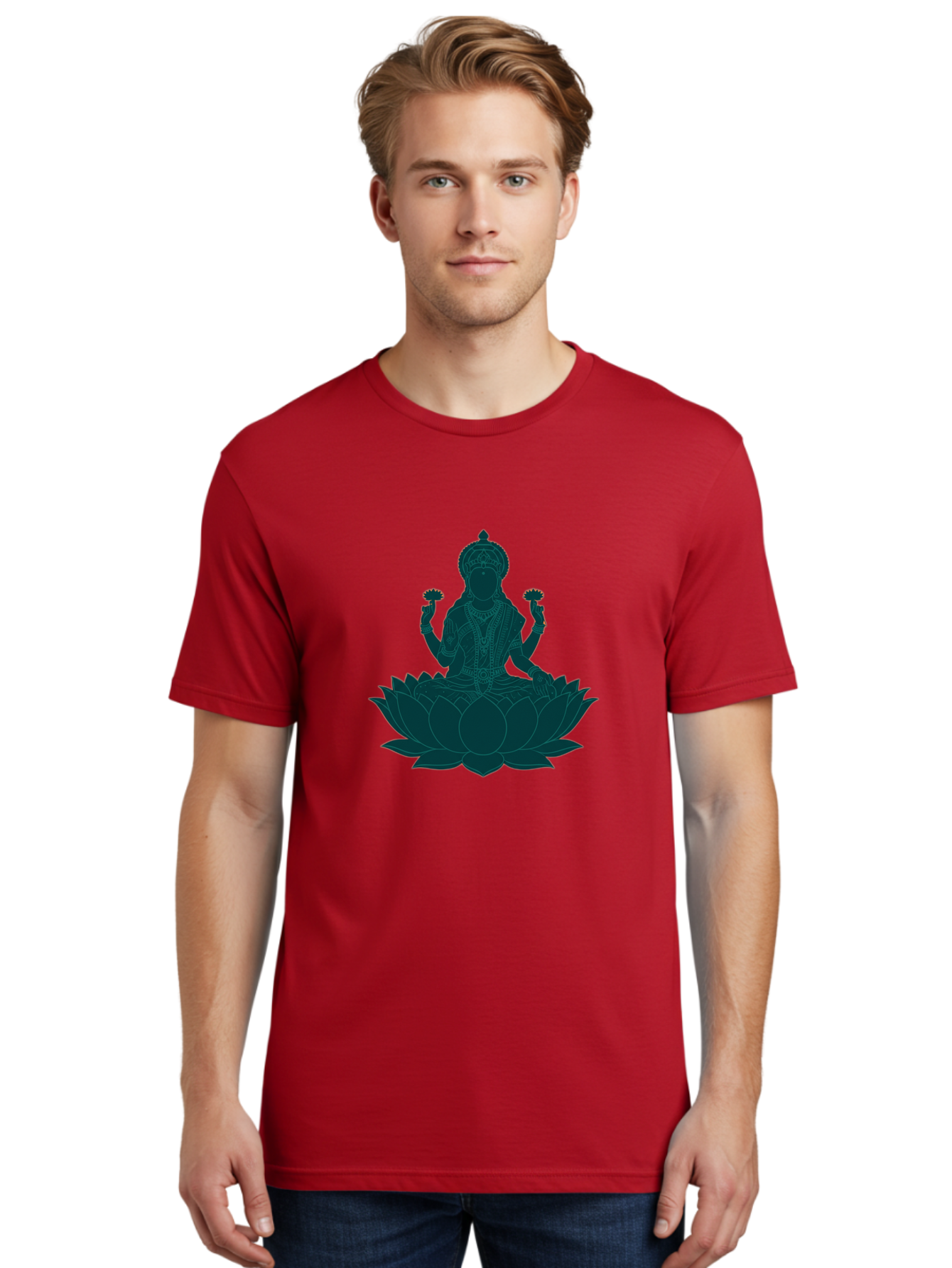Goddess-Lakshmi Men'S Graphic Tee, 100% Cotton, Comfortable Casual Summer Wear, Machine Washable, Goddess Lakshmi, Lotus Flower, Spiritual Symbolism, Hindu Mythology, Sacred Geometry, Peaceful Pose, Sacred Lotus, Divine Energy, Prosperity, Bad154