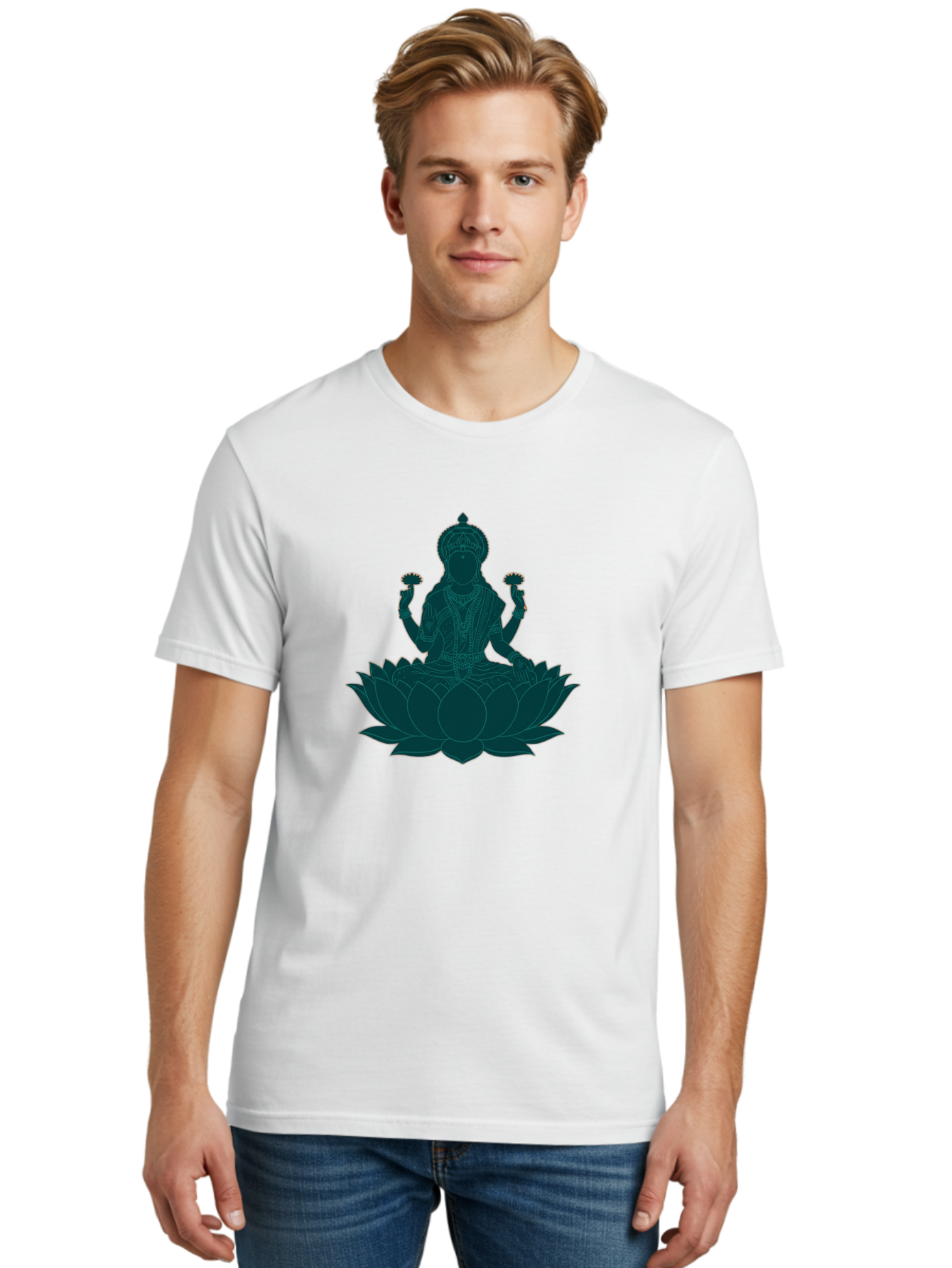 Goddess-Lakshmi Men'S Graphic Tee, 100% Cotton, Comfortable Casual Summer Wear, Machine Washable, Goddess Lakshmi, Lotus Flower, Spiritual Symbolism, Hindu Mythology, Sacred Geometry, Peaceful Pose, Sacred Lotus, Divine Energy, Prosperity, Bad154