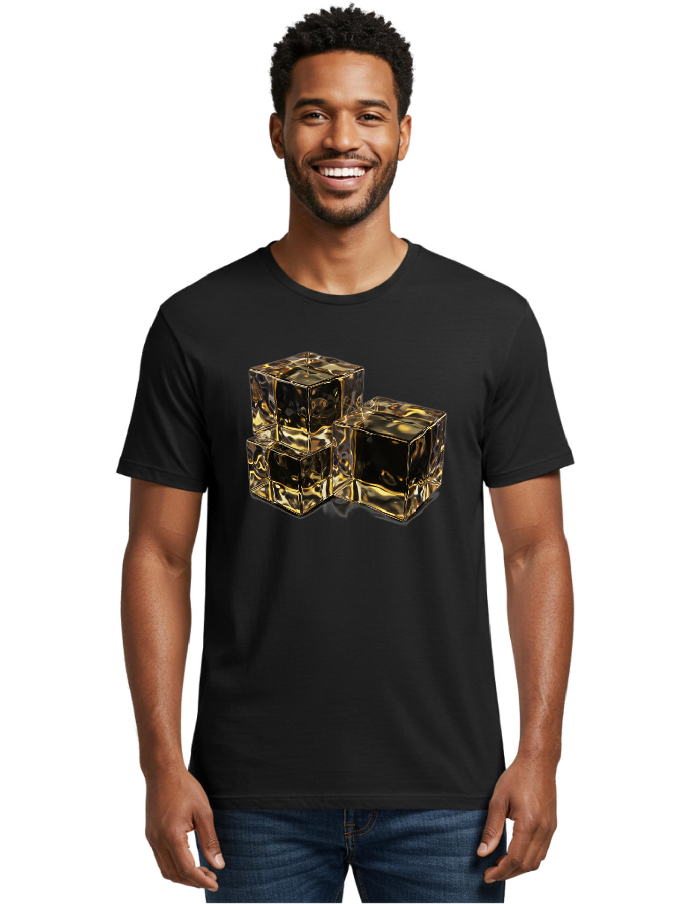 Gold-Cubes Men'S Graphic Tee, 100% Cotton, Comfortable Casual Summer Wear, Machine Washable, Glass Cubes, Reflective Surface, Abstract Art, Modern Design, Geometric Shapes, Transparent Objects, Luxury Feel, Contemporary Aesthetics Bad155