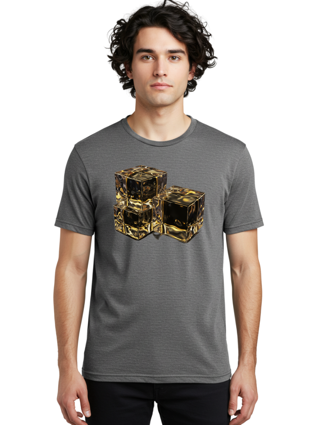 Gold-Cubes Men'S Graphic Tee, 100% Cotton, Comfortable Casual Summer Wear, Machine Washable, Glass Cubes, Reflective Surface, Abstract Art, Modern Design, Geometric Shapes, Transparent Objects, Luxury Feel, Contemporary Aesthetics Bad155