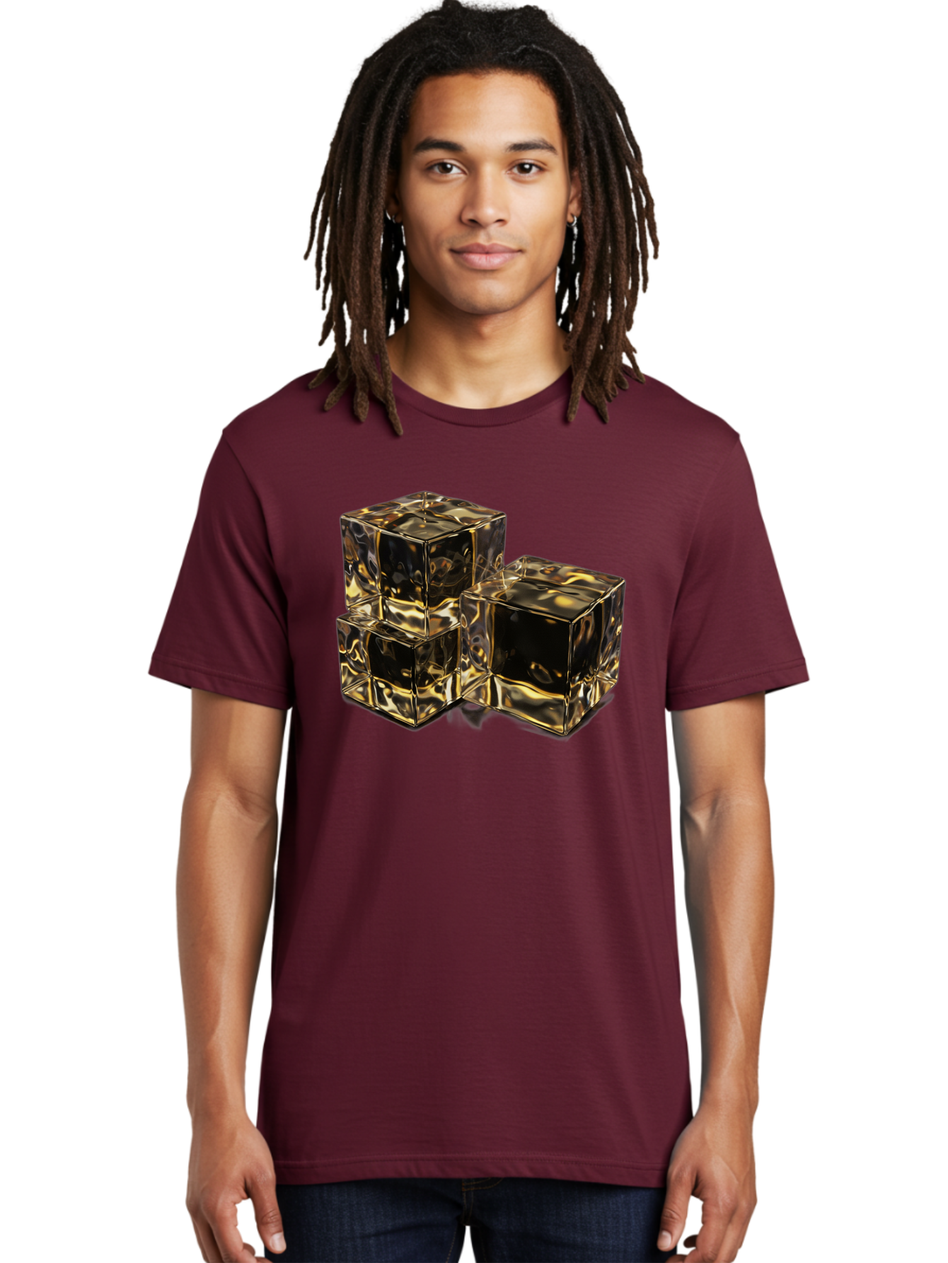 Gold-Cubes Men'S Graphic Tee, 100% Cotton, Comfortable Casual Summer Wear, Machine Washable, Glass Cubes, Reflective Surface, Abstract Art, Modern Design, Geometric Shapes, Transparent Objects, Luxury Feel, Contemporary Aesthetics Bad155