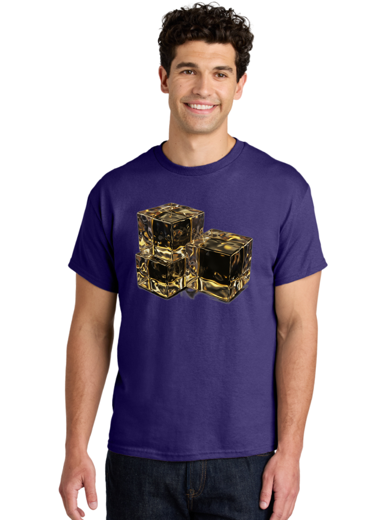 Gold-Cubes Men'S Graphic Tee, 100% Cotton, Comfortable Casual Summer Wear, Machine Washable, Glass Cubes, Reflective Surface, Abstract Art, Modern Design, Geometric Shapes, Transparent Objects, Luxury Feel, Contemporary Aesthetics Bad155
