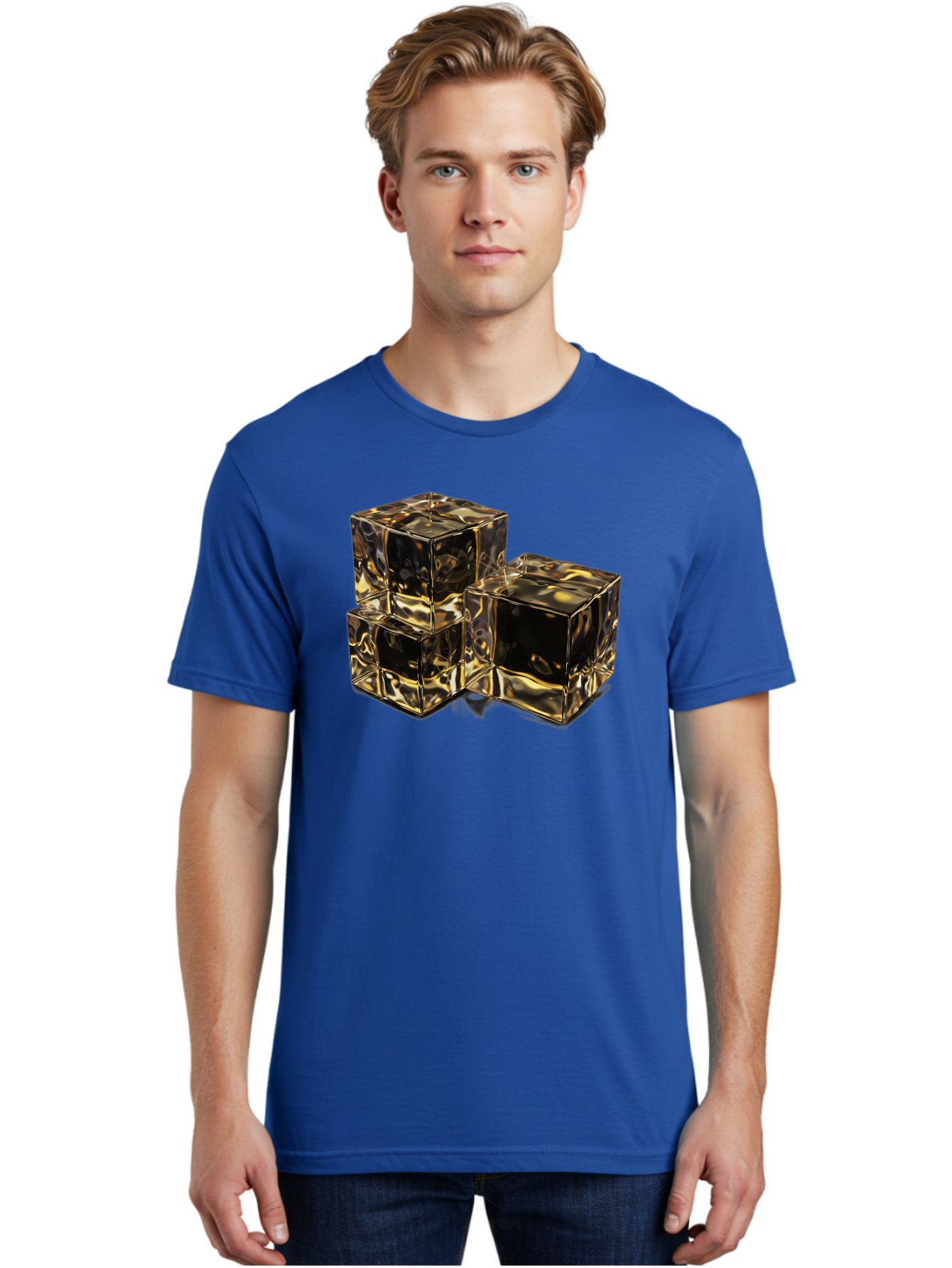 Gold-Cubes Men'S Graphic Tee, 100% Cotton, Comfortable Casual Summer Wear, Machine Washable, Glass Cubes, Reflective Surface, Abstract Art, Modern Design, Geometric Shapes, Transparent Objects, Luxury Feel, Contemporary Aesthetics Bad155