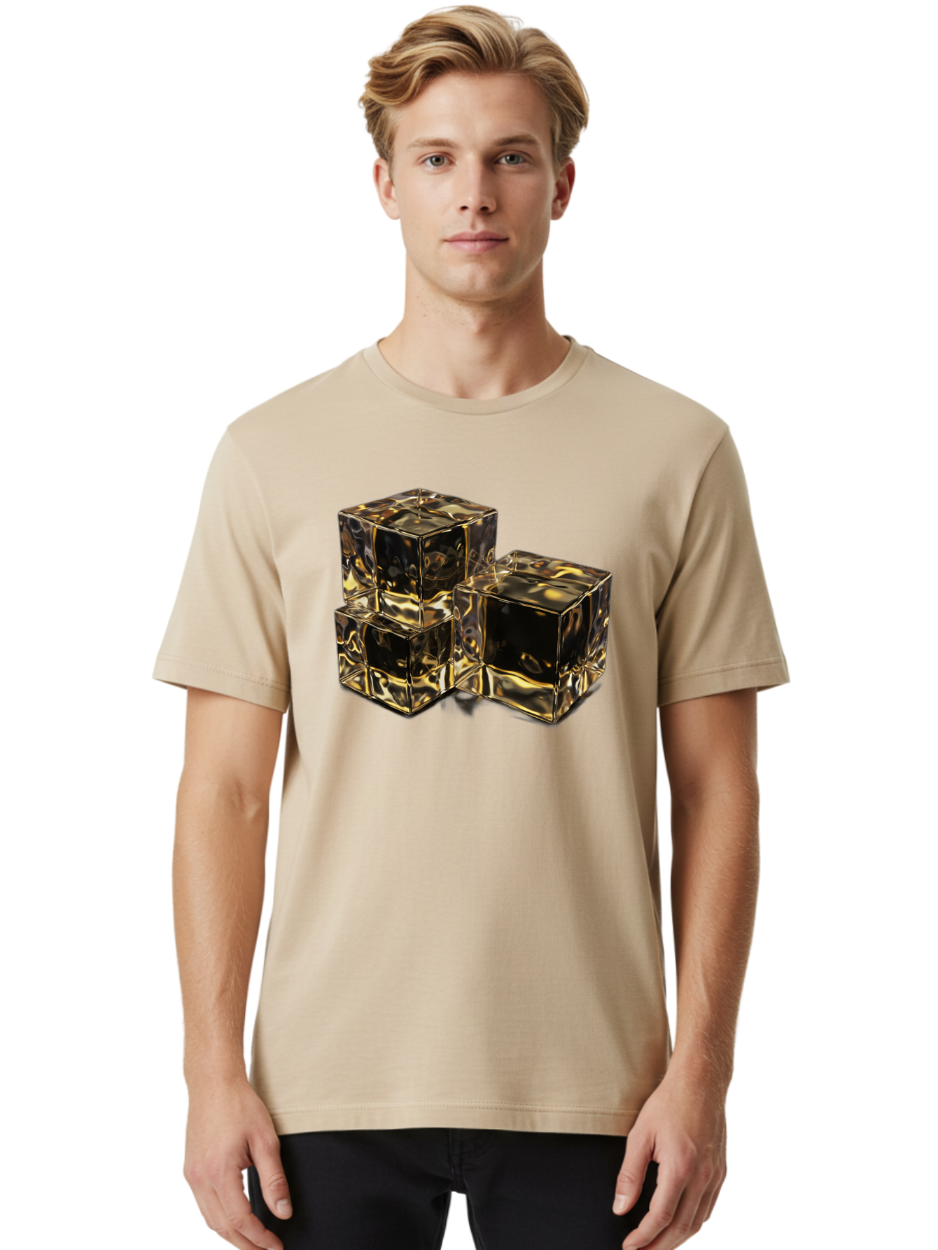 Gold-Cubes Men'S Graphic Tee, 100% Cotton, Comfortable Casual Summer Wear, Machine Washable, Glass Cubes, Reflective Surface, Abstract Art, Modern Design, Geometric Shapes, Transparent Objects, Luxury Feel, Contemporary Aesthetics Bad155