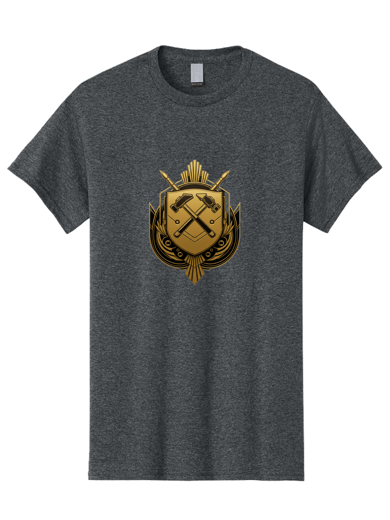 Gold-Shield-Crest Men'S Graphic Tee, 100% Cotton, Comfortable Casual Summer Wear, Machine Washable, Shield Emblem, Crossed Hammers, Carpentry Tools, Construction Industry, Craftsmanship, Black And Gold Design, Symbolic Crest, Bad156