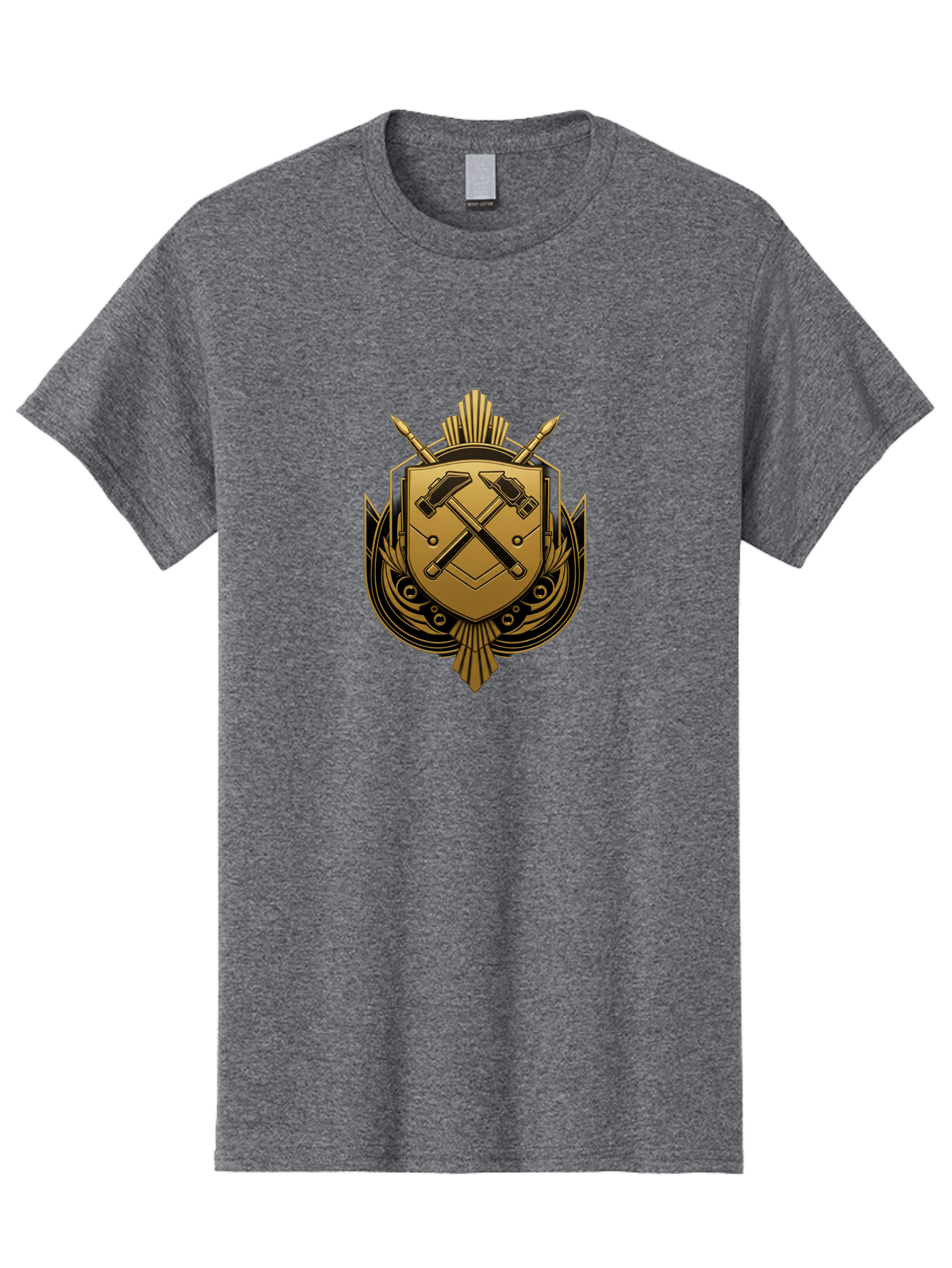 Gold-Shield-Crest Men'S Graphic Tee, 100% Cotton, Comfortable Casual Summer Wear, Machine Washable, Shield Emblem, Crossed Hammers, Carpentry Tools, Construction Industry, Craftsmanship, Black And Gold Design, Symbolic Crest, Bad156