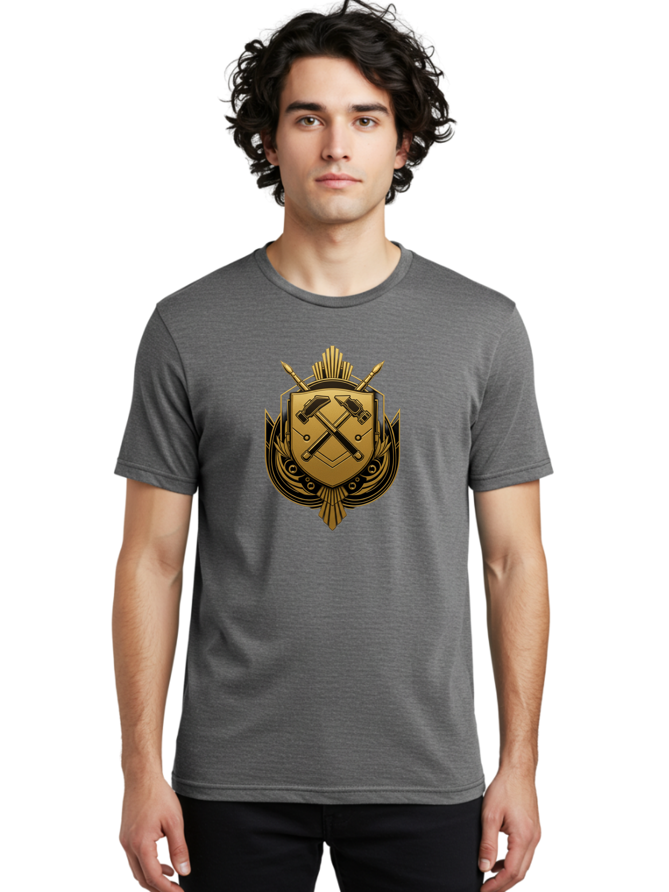 Gold-Shield-Crest Men'S Graphic Tee, 100% Cotton, Comfortable Casual Summer Wear, Machine Washable, Shield Emblem, Crossed Hammers, Carpentry Tools, Construction Industry, Craftsmanship, Black And Gold Design, Symbolic Crest, Bad156