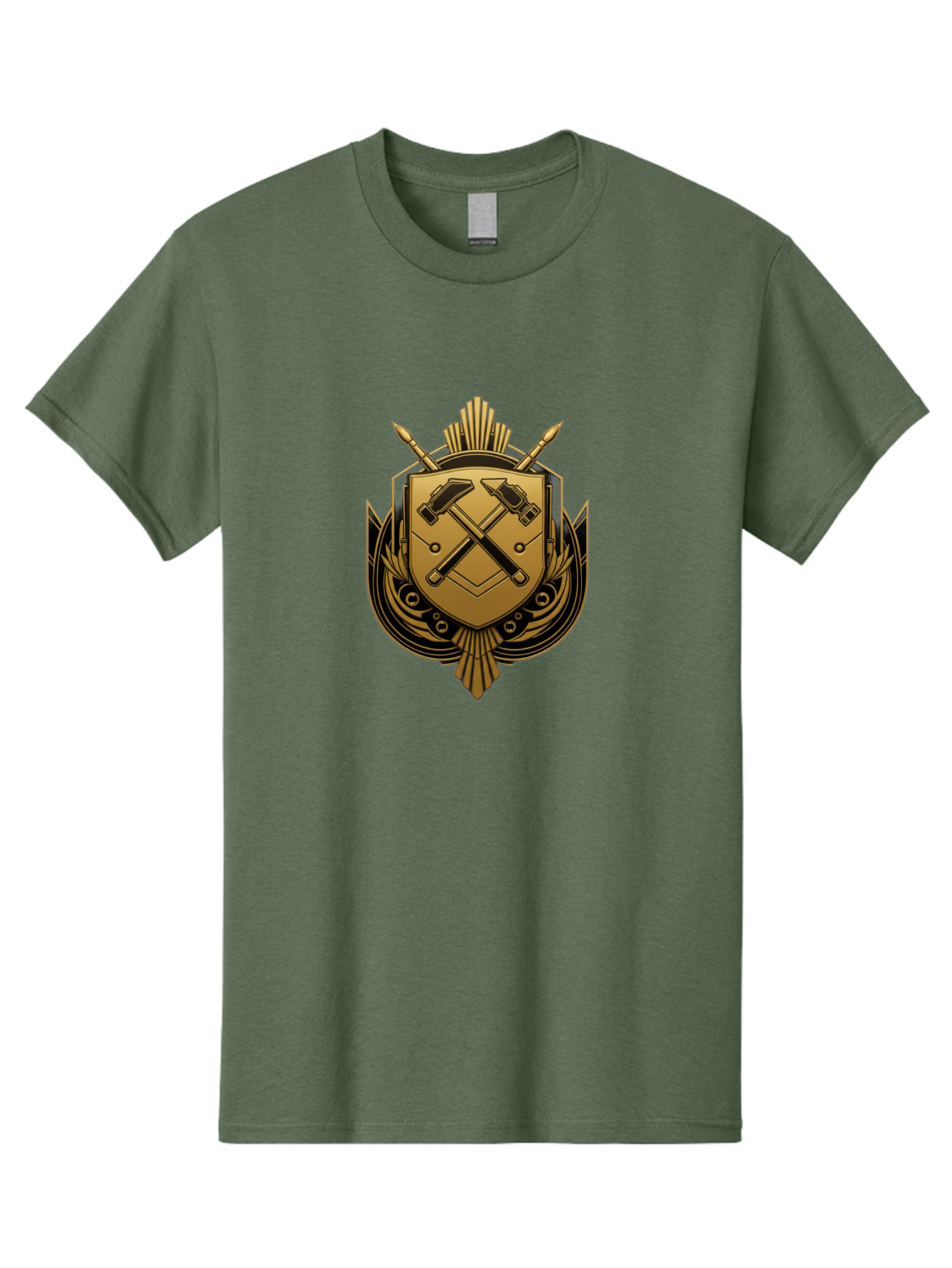 Gold-Shield-Crest Men'S Graphic Tee, 100% Cotton, Comfortable Casual Summer Wear, Machine Washable, Shield Emblem, Crossed Hammers, Carpentry Tools, Construction Industry, Craftsmanship, Black And Gold Design, Symbolic Crest, Bad156
