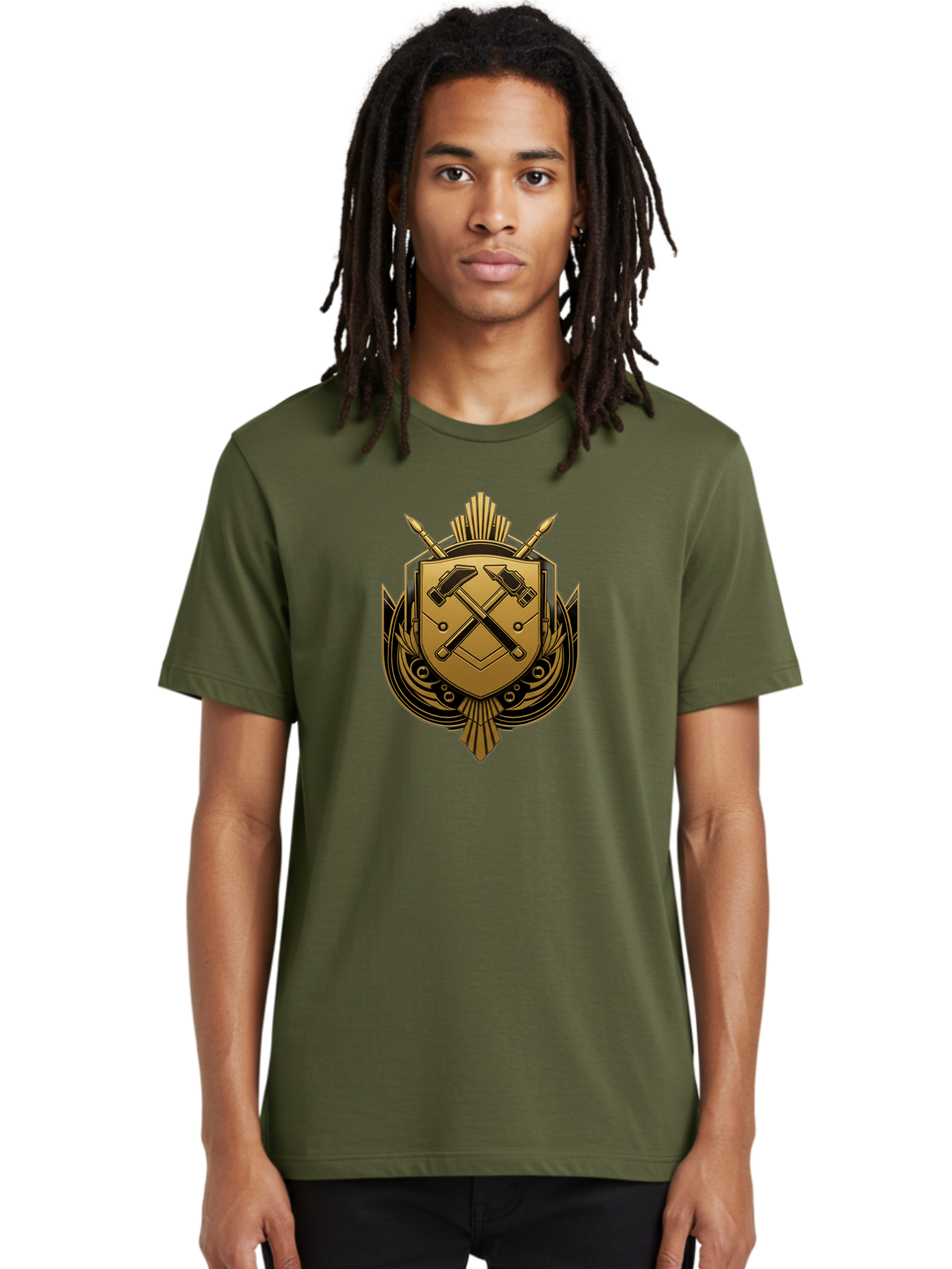 Gold-Shield-Crest Men'S Graphic Tee, 100% Cotton, Comfortable Casual Summer Wear, Machine Washable, Shield Emblem, Crossed Hammers, Carpentry Tools, Construction Industry, Craftsmanship, Black And Gold Design, Symbolic Crest, Bad156