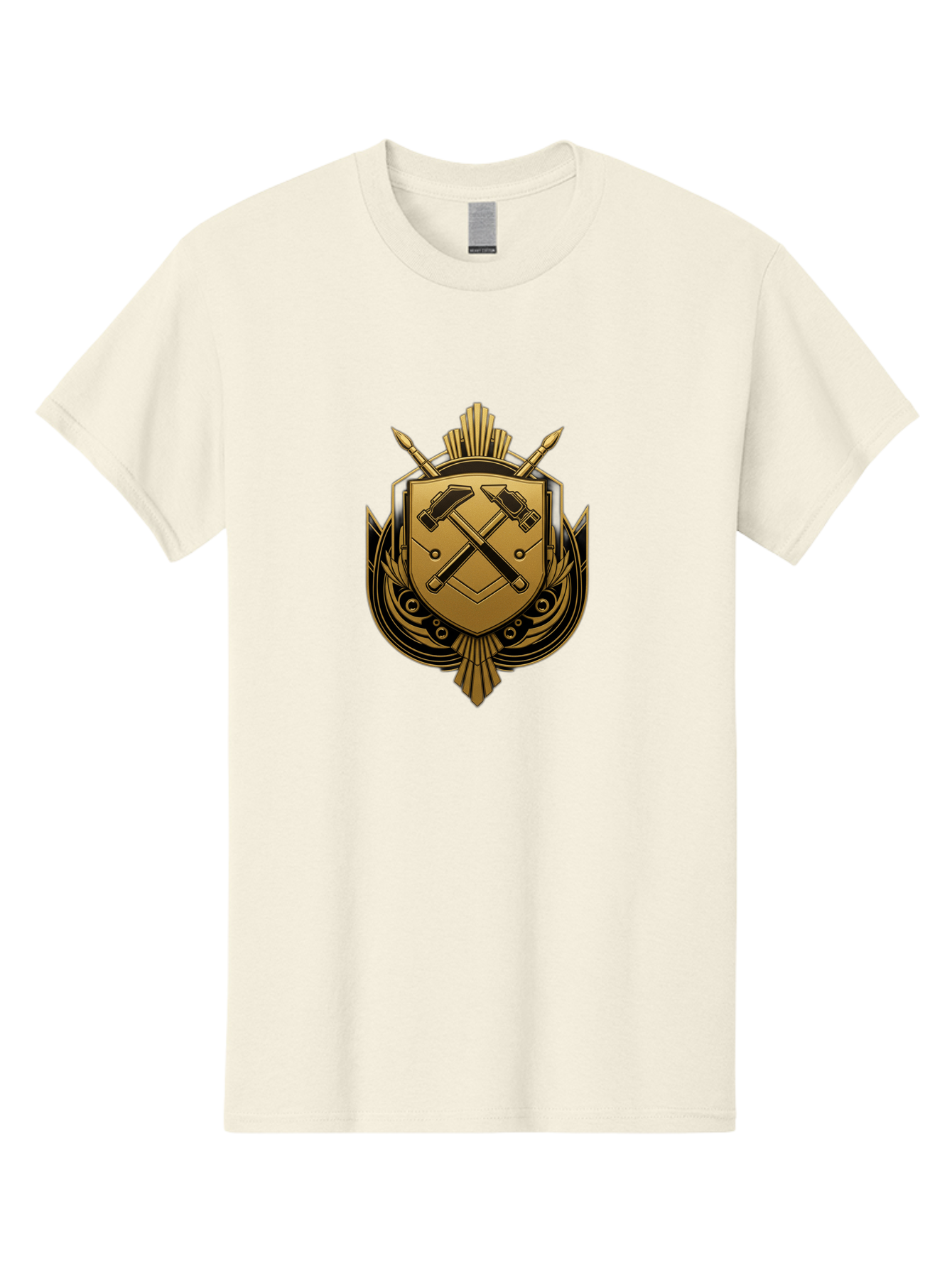 Gold-Shield-Crest Men'S Graphic Tee, 100% Cotton, Comfortable Casual Summer Wear, Machine Washable, Shield Emblem, Crossed Hammers, Carpentry Tools, Construction Industry, Craftsmanship, Black And Gold Design, Symbolic Crest, Bad156