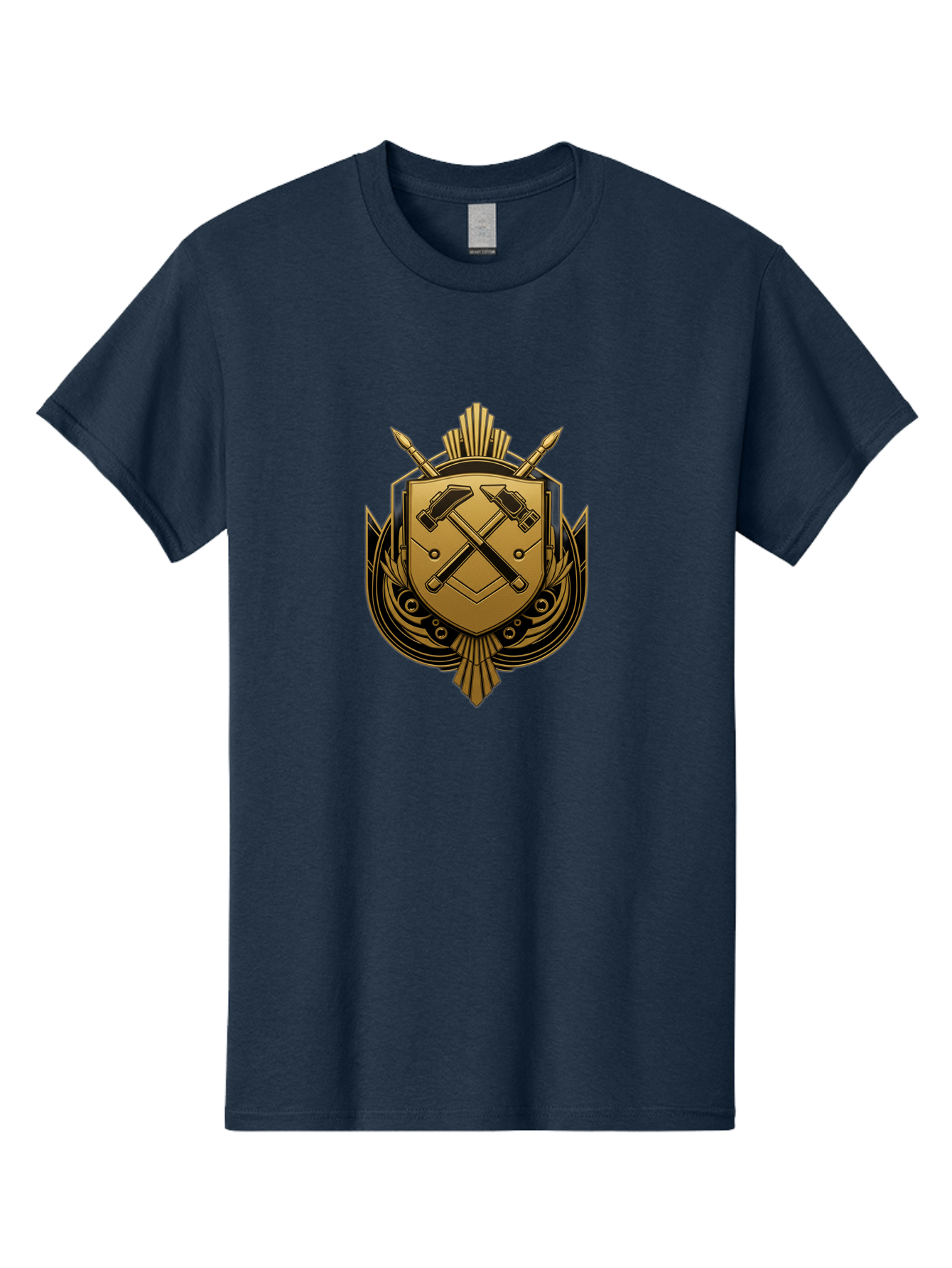 Gold-Shield-Crest Men'S Graphic Tee, 100% Cotton, Comfortable Casual Summer Wear, Machine Washable, Shield Emblem, Crossed Hammers, Carpentry Tools, Construction Industry, Craftsmanship, Black And Gold Design, Symbolic Crest, Bad156