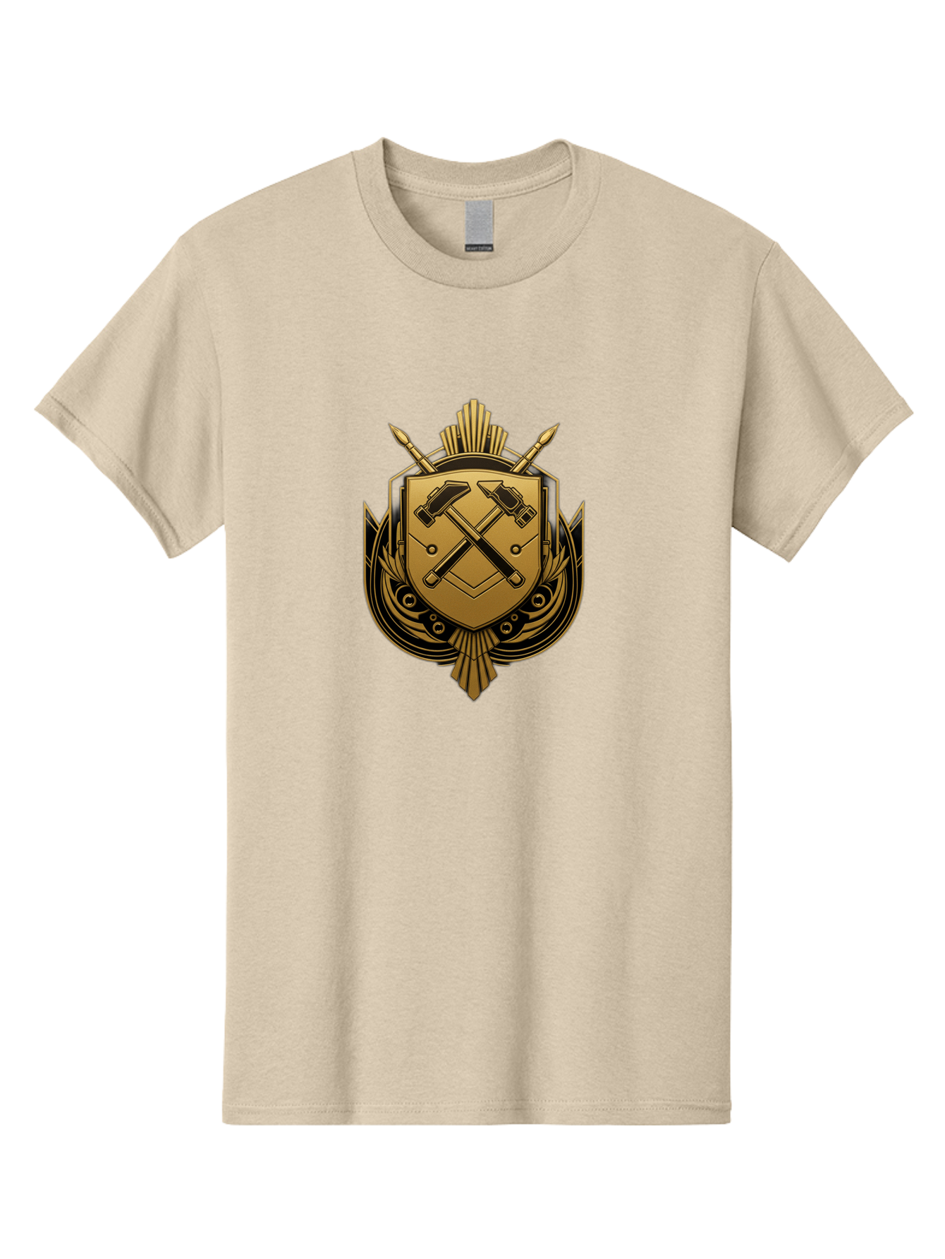 Gold-Shield-Crest Men'S Graphic Tee, 100% Cotton, Comfortable Casual Summer Wear, Machine Washable, Shield Emblem, Crossed Hammers, Carpentry Tools, Construction Industry, Craftsmanship, Black And Gold Design, Symbolic Crest, Bad156