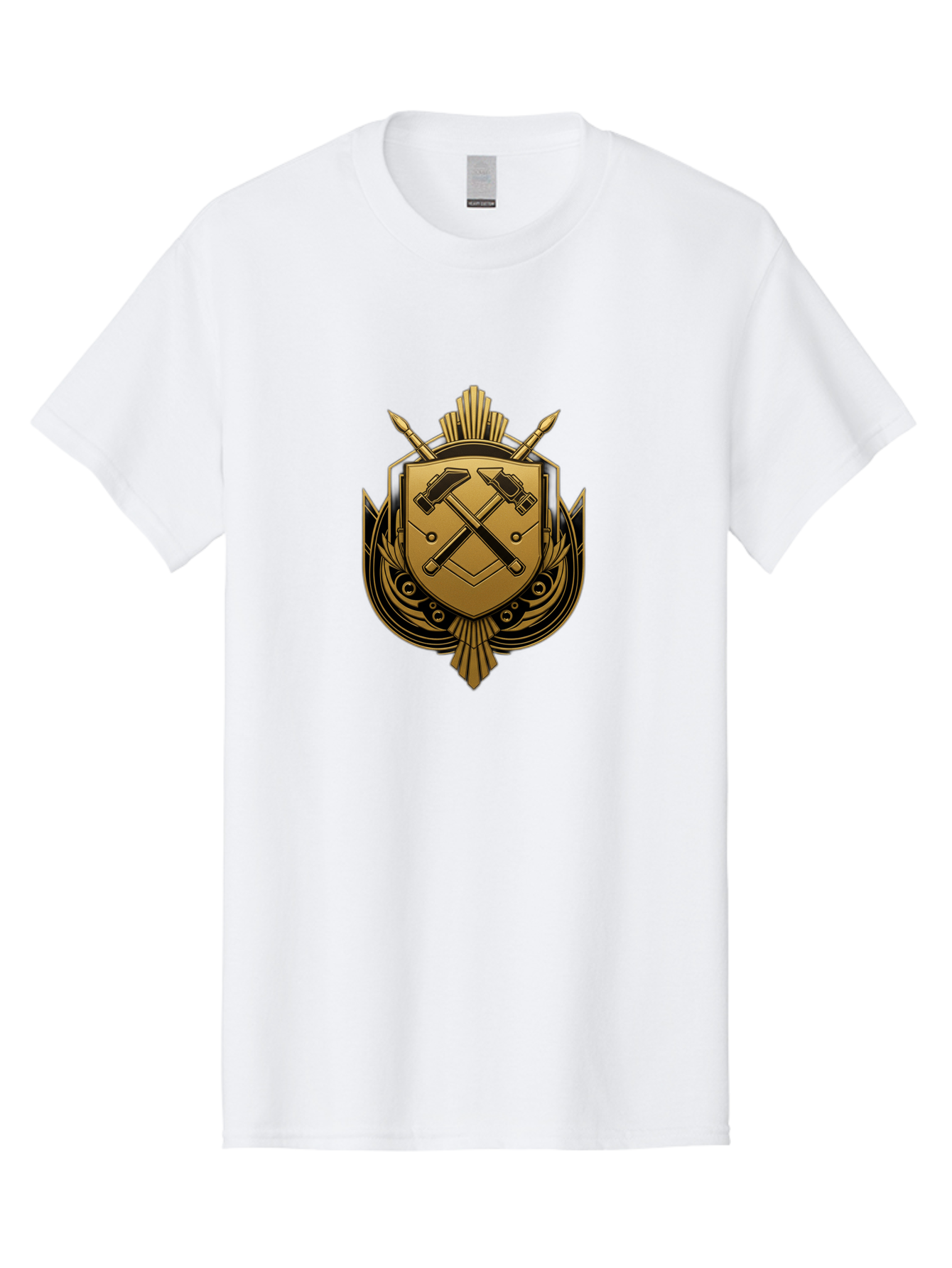 Gold-Shield-Crest Men'S Graphic Tee, 100% Cotton, Comfortable Casual Summer Wear, Machine Washable, Shield Emblem, Crossed Hammers, Carpentry Tools, Construction Industry, Craftsmanship, Black And Gold Design, Symbolic Crest, Bad156