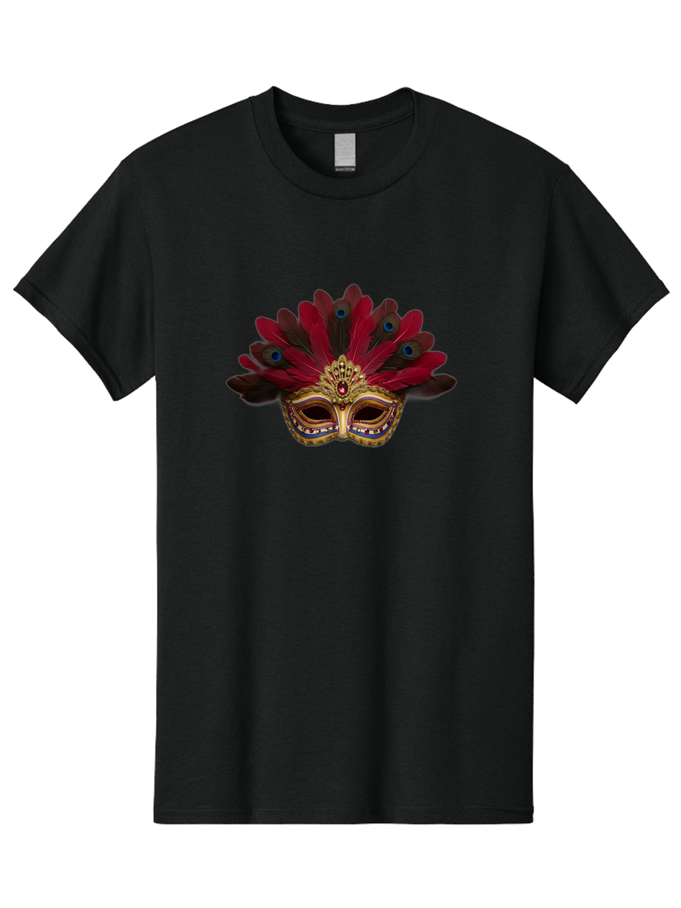 Gold-Venetian-Mask Men'S Graphic Tee, 100% Cotton, Comfortable Casual Summer Wear, Machine Washable, Venetian Mask, Gold Masquerade, Red Feathers, Peacock Feathers, Mardi Gras, Carnival, Jewels, Gems, Luxury, Elegance, Sophisticated, Bad157