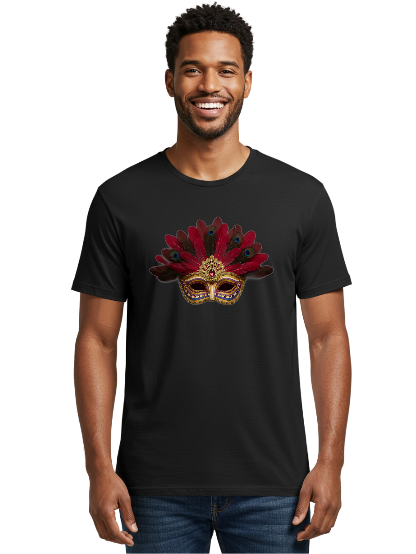 Gold-Venetian-Mask Men'S Graphic Tee, 100% Cotton, Comfortable Casual Summer Wear, Machine Washable, Venetian Mask, Gold Masquerade, Red Feathers, Peacock Feathers, Mardi Gras, Carnival, Jewels, Gems, Luxury, Elegance, Sophisticated, Bad157