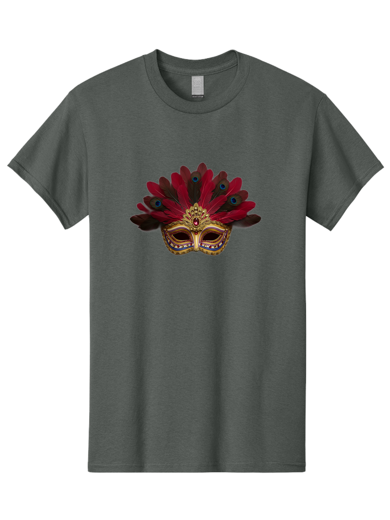 Gold-Venetian-Mask Men'S Graphic Tee, 100% Cotton, Comfortable Casual Summer Wear, Machine Washable, Venetian Mask, Gold Masquerade, Red Feathers, Peacock Feathers, Mardi Gras, Carnival, Jewels, Gems, Luxury, Elegance, Sophisticated, Bad157