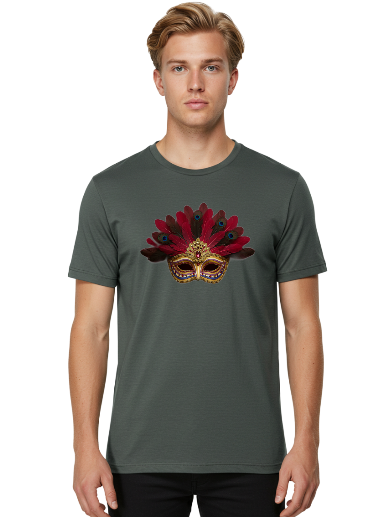 Gold-Venetian-Mask Men'S Graphic Tee, 100% Cotton, Comfortable Casual Summer Wear, Machine Washable, Venetian Mask, Gold Masquerade, Red Feathers, Peacock Feathers, Mardi Gras, Carnival, Jewels, Gems, Luxury, Elegance, Sophisticated, Bad157