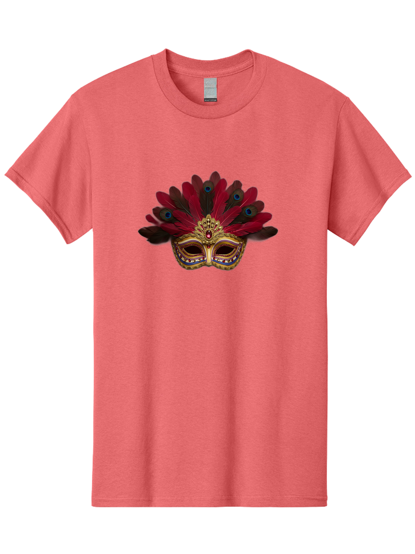 Gold-Venetian-Mask Men'S Graphic Tee, 100% Cotton, Comfortable Casual Summer Wear, Machine Washable, Venetian Mask, Gold Masquerade, Red Feathers, Peacock Feathers, Mardi Gras, Carnival, Jewels, Gems, Luxury, Elegance, Sophisticated, Bad157