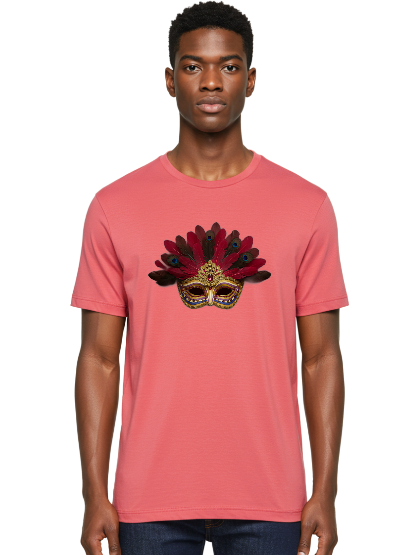 Gold-Venetian-Mask Men'S Graphic Tee, 100% Cotton, Comfortable Casual Summer Wear, Machine Washable, Venetian Mask, Gold Masquerade, Red Feathers, Peacock Feathers, Mardi Gras, Carnival, Jewels, Gems, Luxury, Elegance, Sophisticated, Bad157